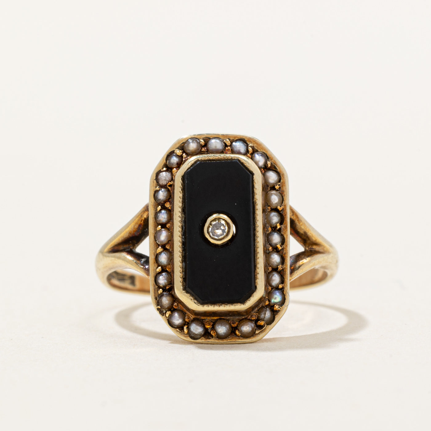 Onyx, Seed Pearl & Diamond Ring | 0.40ct, 0.05ct | SZ 4.5 |
