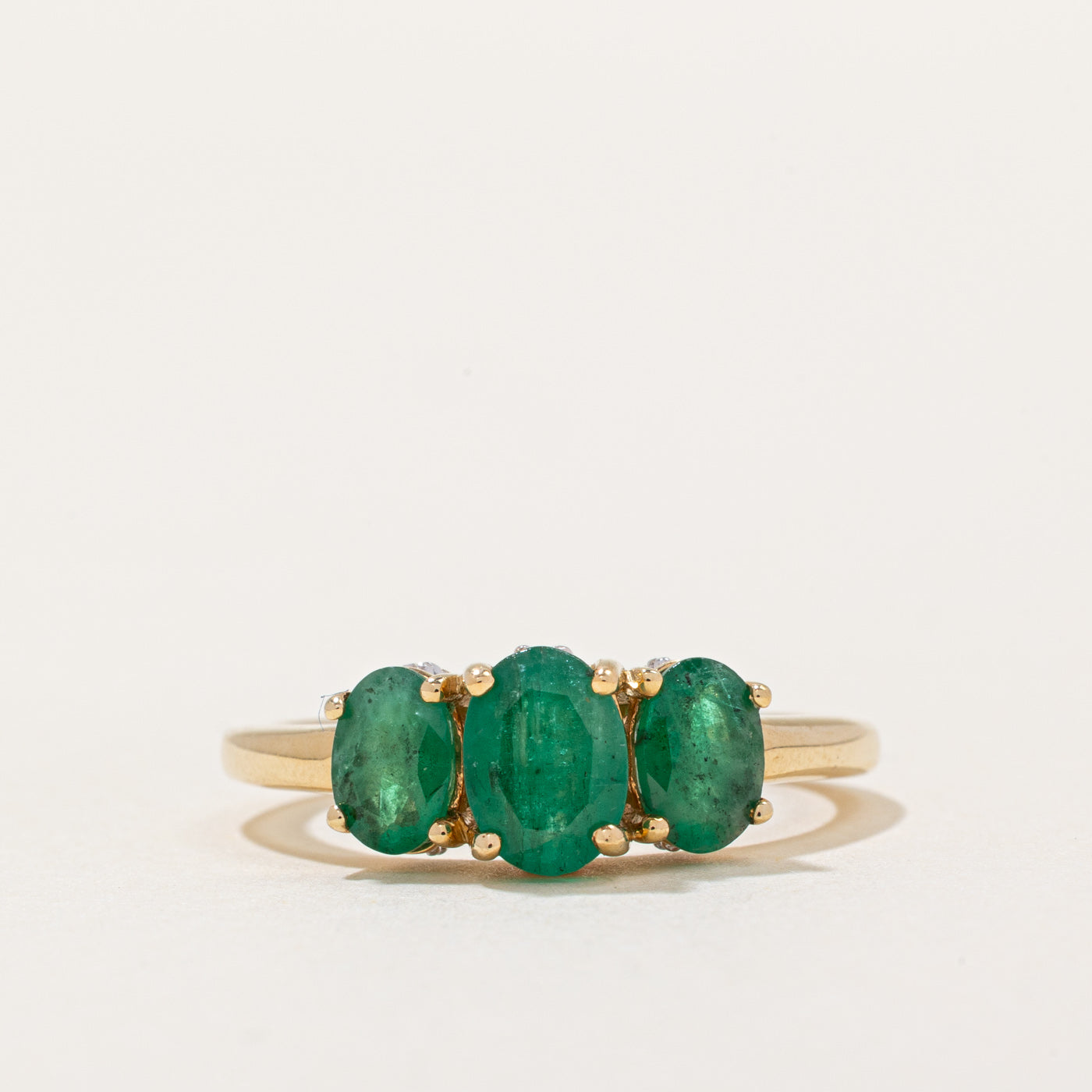 Three Stone Emerald & Diamond Ring | 1.10ctw, 0.06ctw | SZ 7 |