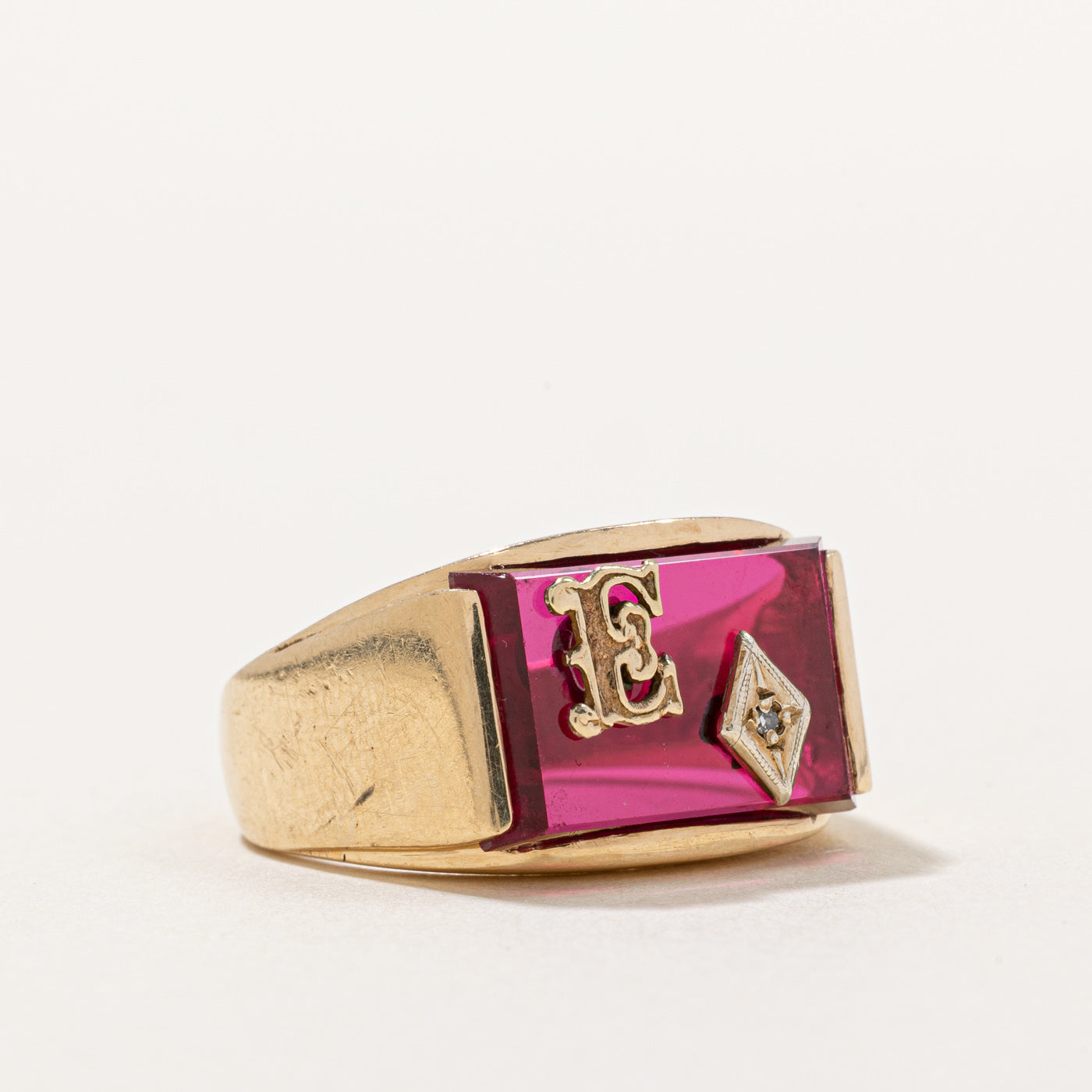 Synthetic Ruby & Diamond 'E' Initial Ring | 7.00ct, 0.005ct | SZ 9 |