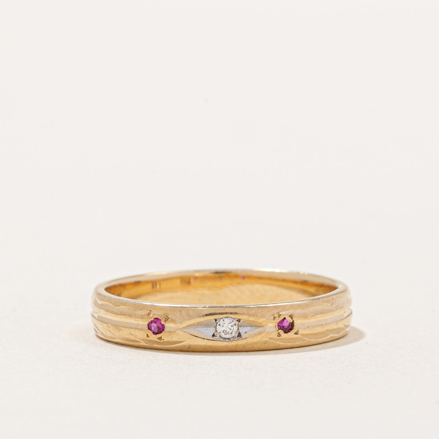Synthetic Ruby & Diamond Flush Set Band | 0.03ctw, 0.02ct | SZ 5.25 |