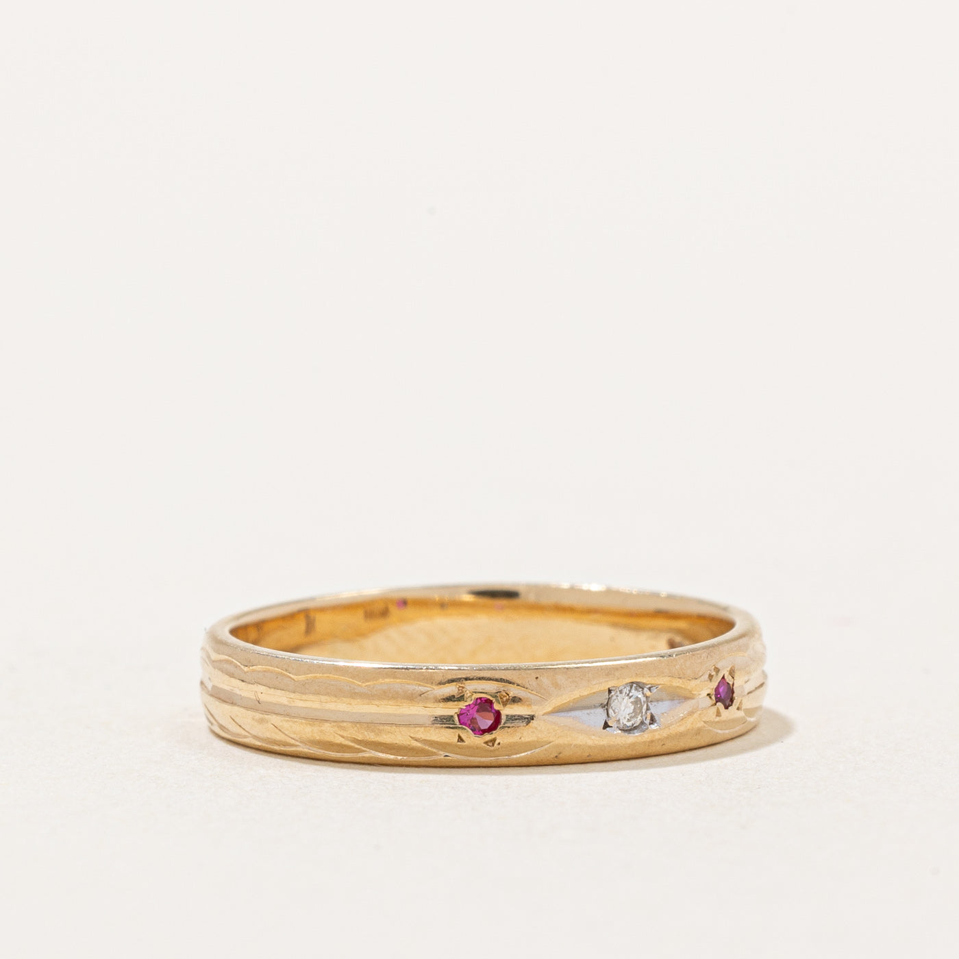 Synthetic Ruby & Diamond Flush Set Band | 0.03ctw, 0.02ct | SZ 5.25 |