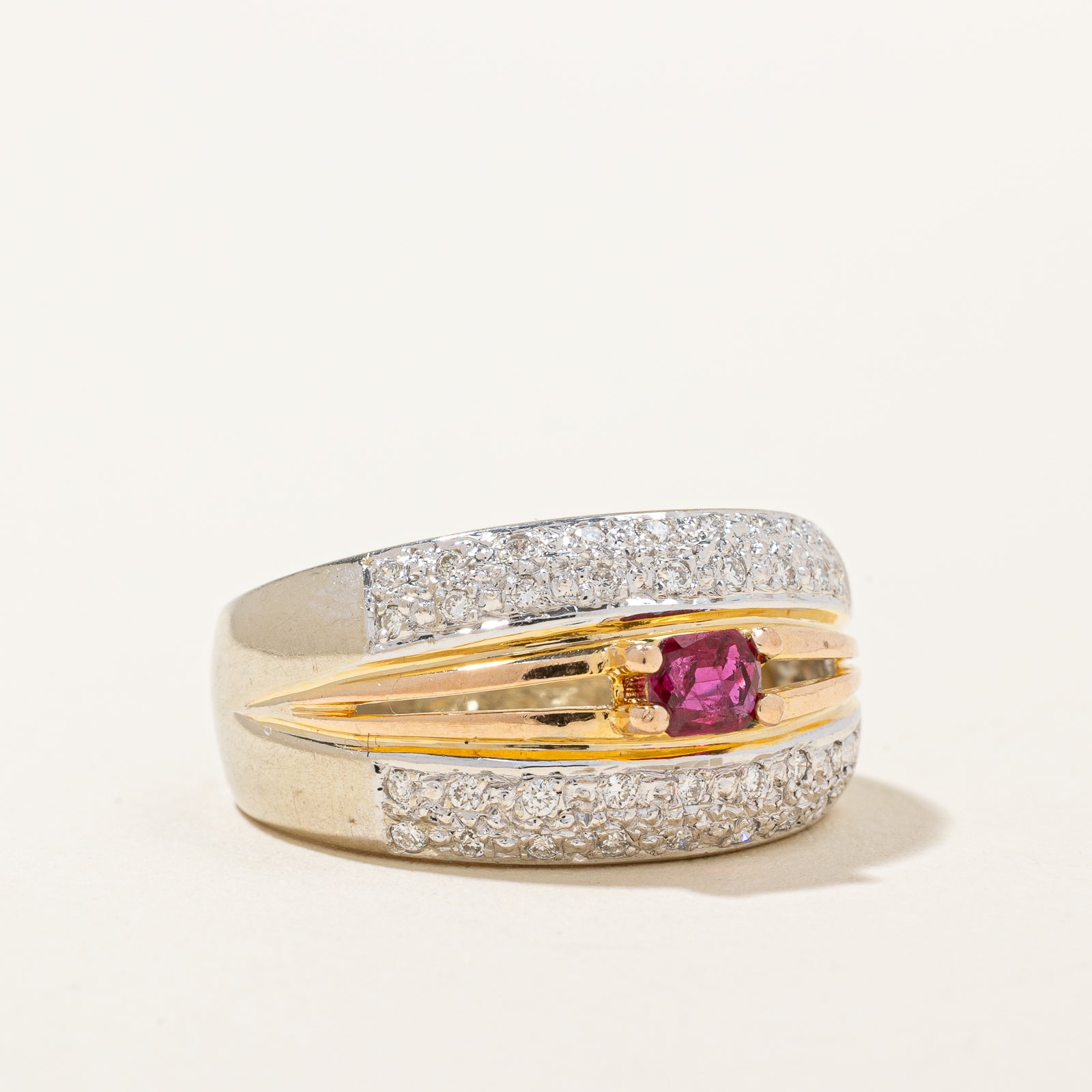 Radiant Cut Ruby & Diamond Two Tone Gold Ring | 0.28ct, 0.28ctw | SZ 7.5 |