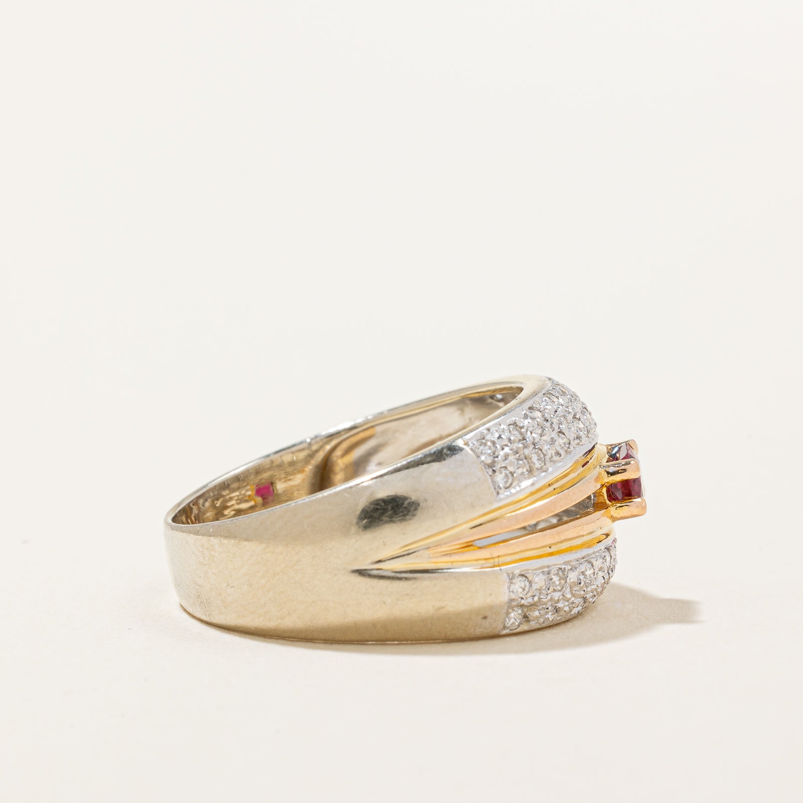Radiant Cut Ruby & Diamond Two Tone Gold Ring | 0.28ct, 0.28ctw | SZ 7.5 |