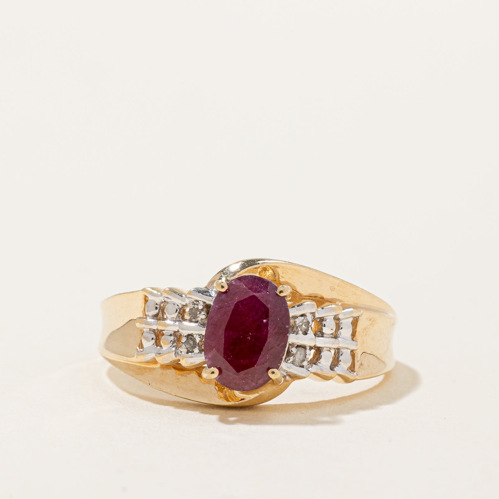 Oval Cut Ruby & Diamond Bypass Ring | 0.95ct, 0.02ctw | SZ 6.5 |