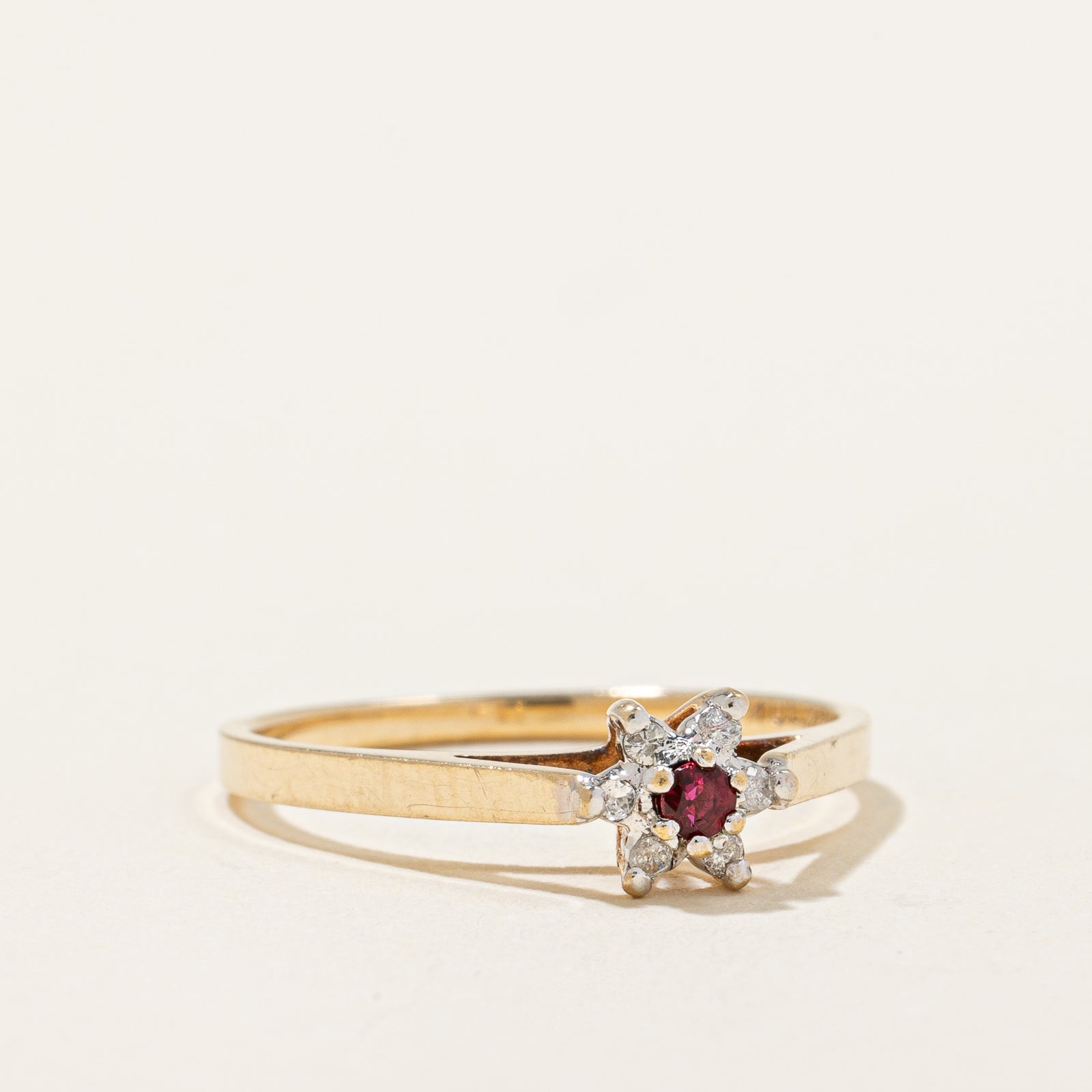 Diamond & Ruby High Set Flower Ring | 0.05ctw, 0.04ct | SZ 5 |