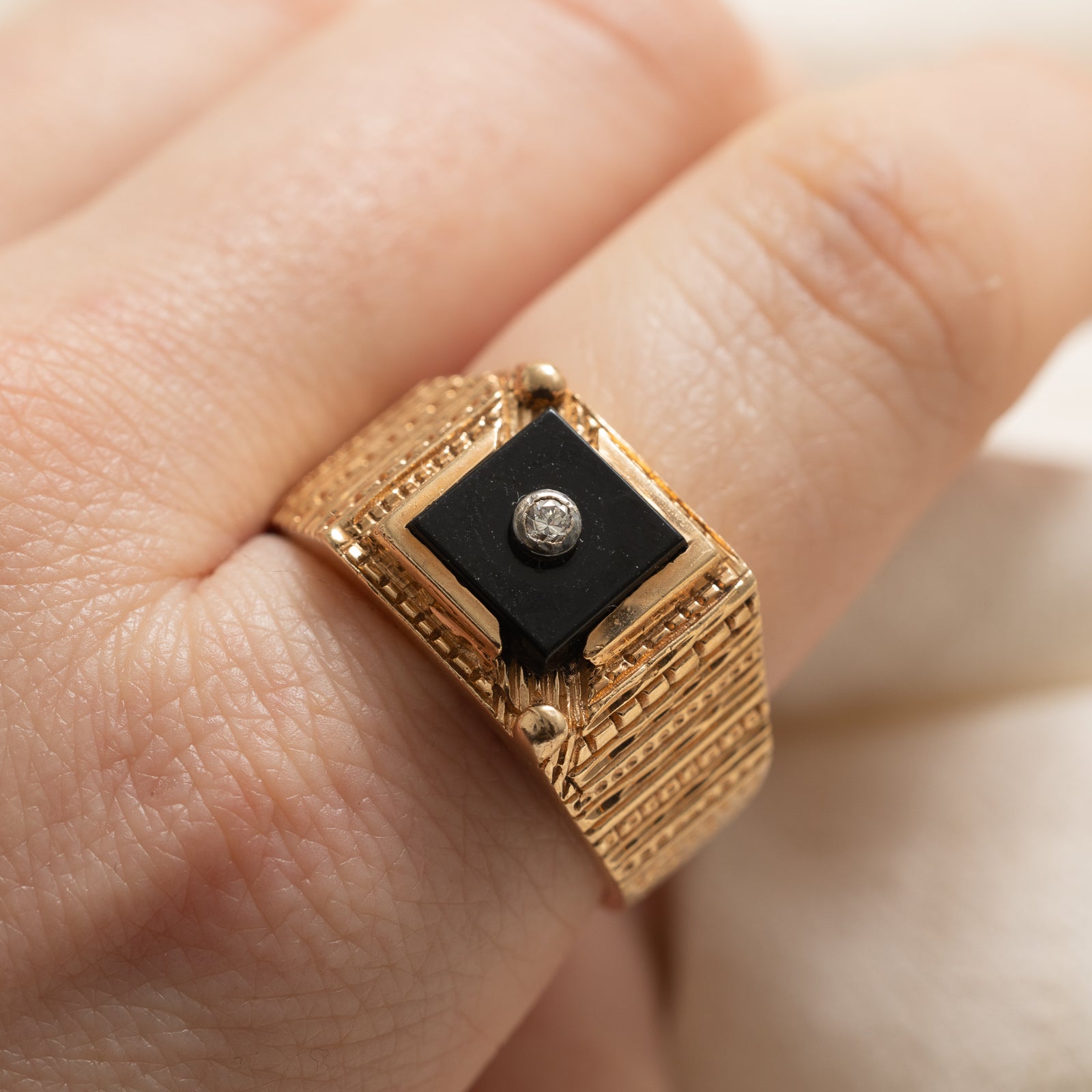 Onyx & Diamond Textured Signet Ring | 2.00ct | 0.04ct | SZ 12