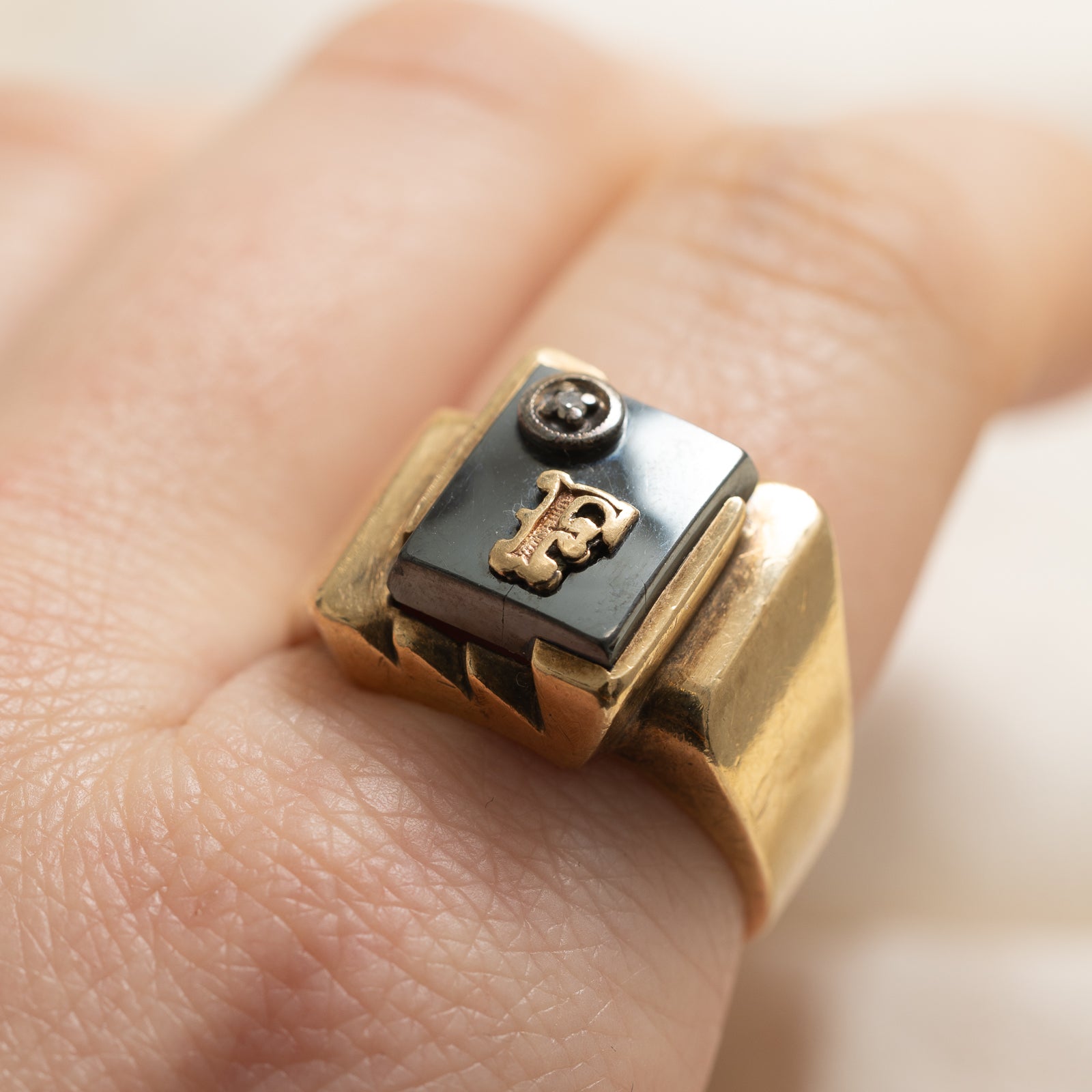 Hematite & Diamond 'F' Initial Signet Ring | 8.00ct | 0.01ct | SZ 8.75