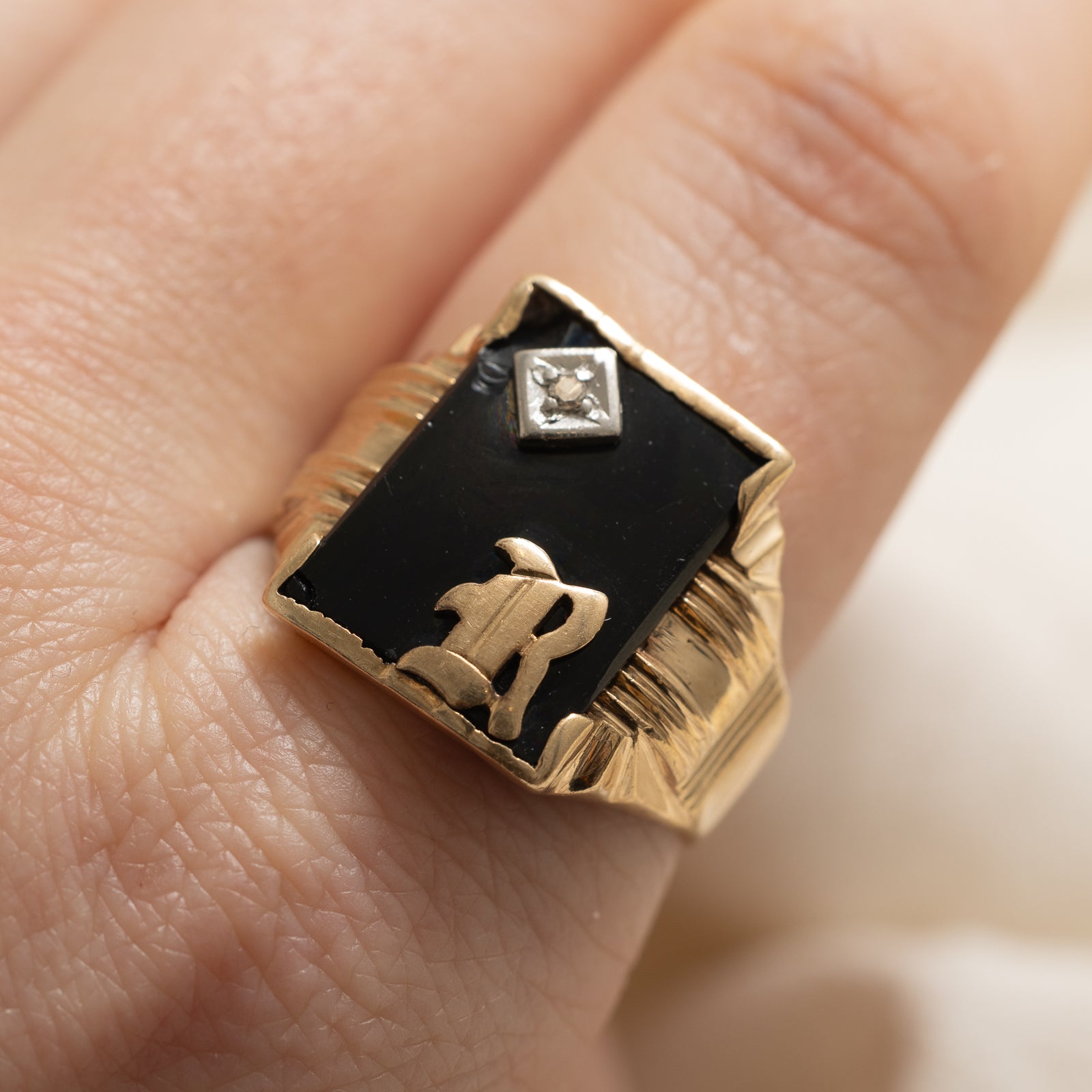 Onyx & Diamond 'R' Initial Signet Ring | 6.00ct | 0.02ct | SZ 9