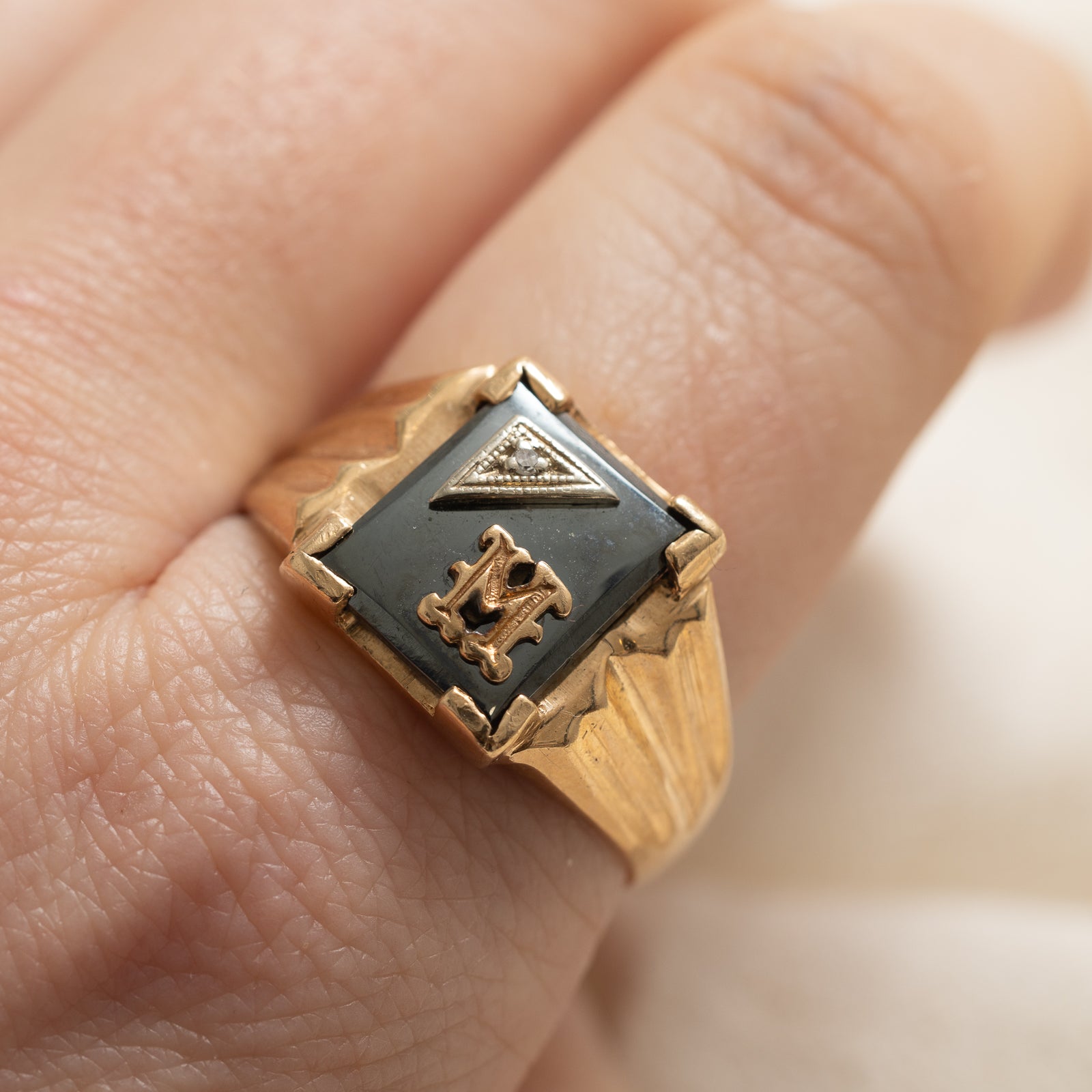 Hematite & Diamond 'M' Initial Signet Ring | 8.00ct | 0.01ct | SZ 7