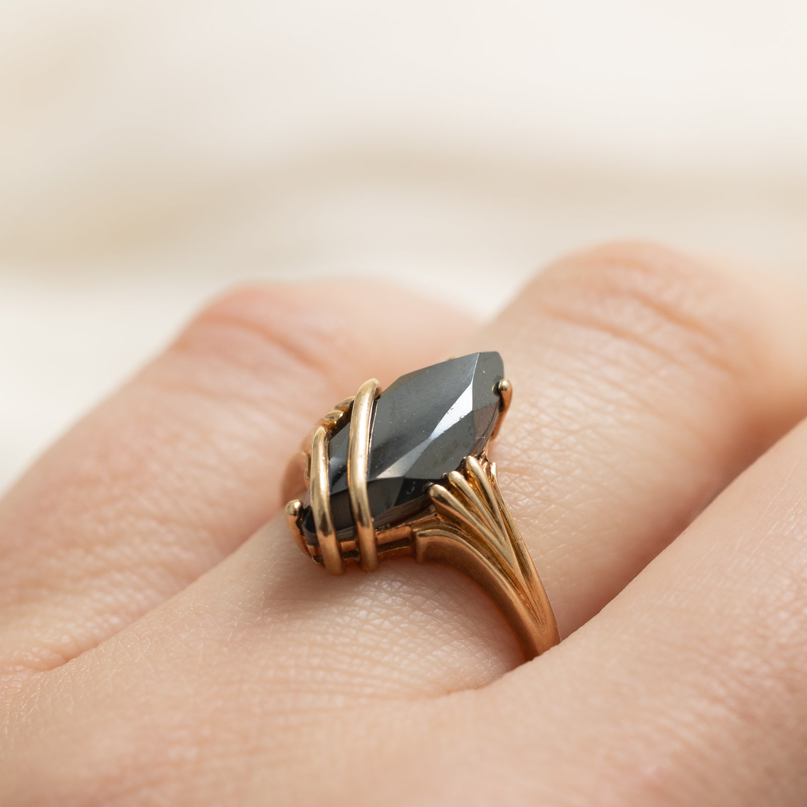 Marquise Cut Hematite Grooved Ring | 4.85ct | SZ 6.5