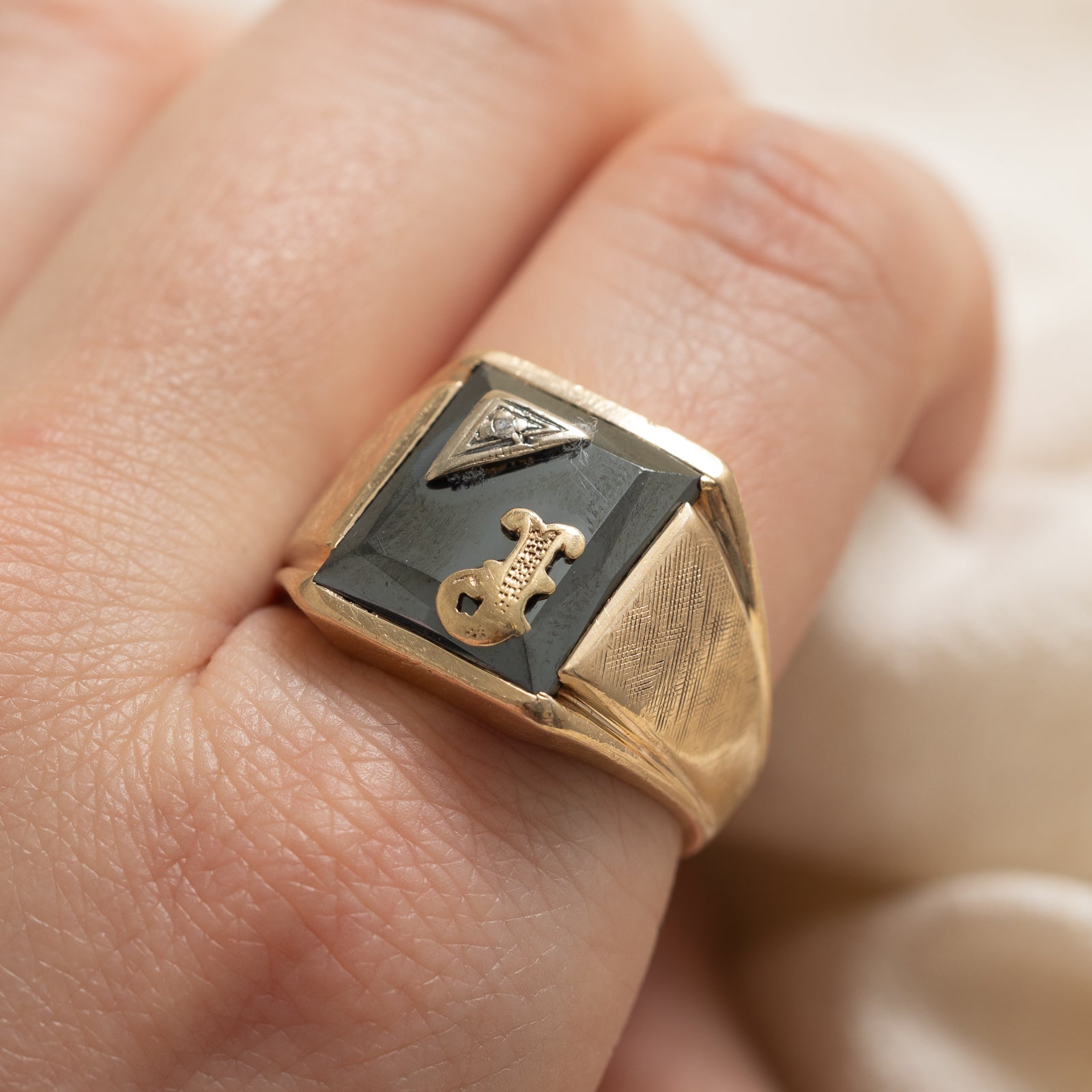 Hematite & Diamond 'J' Initial Signet Ring | 7.50ct | 0.01ct | SZ 9.25