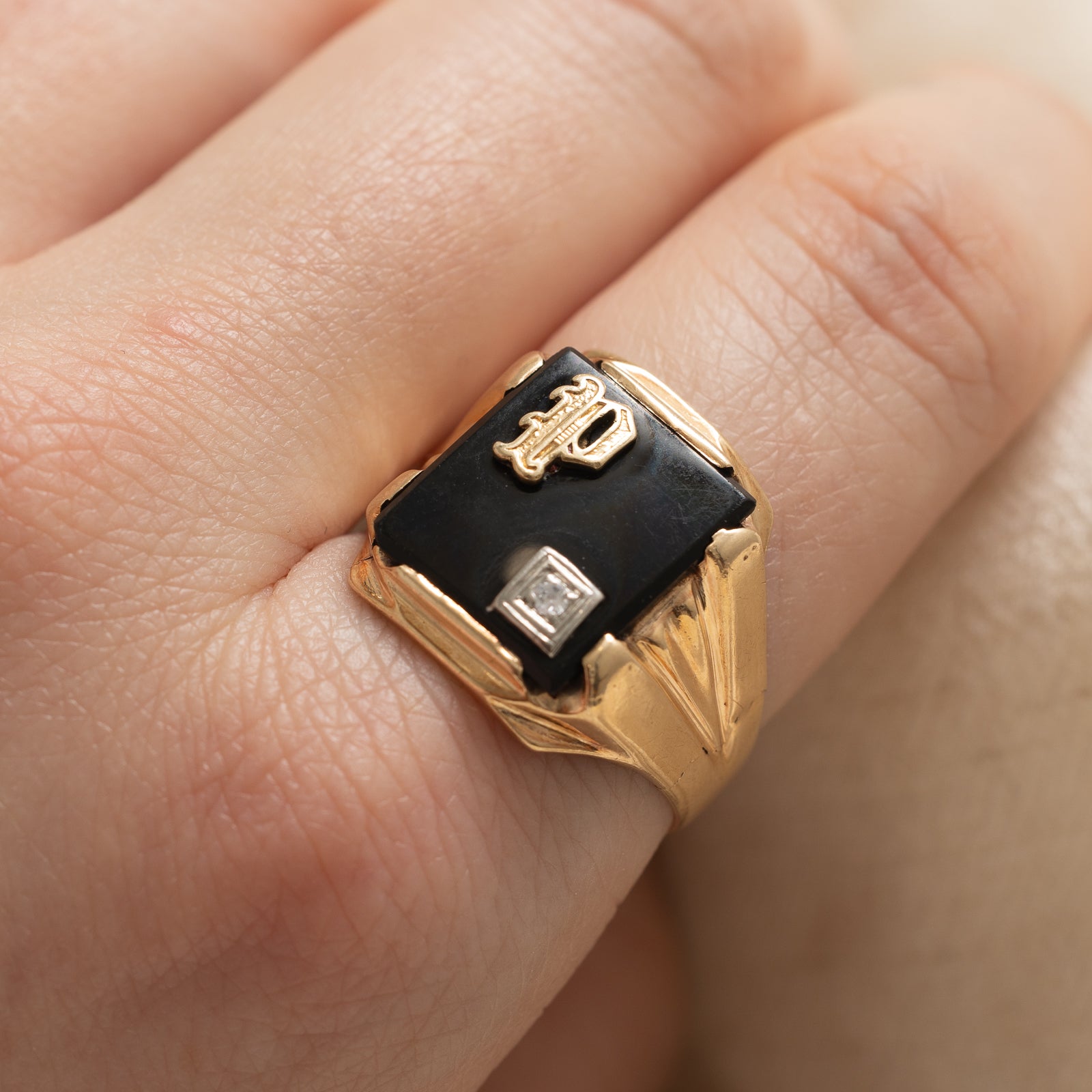 Onyx & Diamond 'P' Initial Signet Ring | 6.00ct | 0.02ct | SZ 9.75