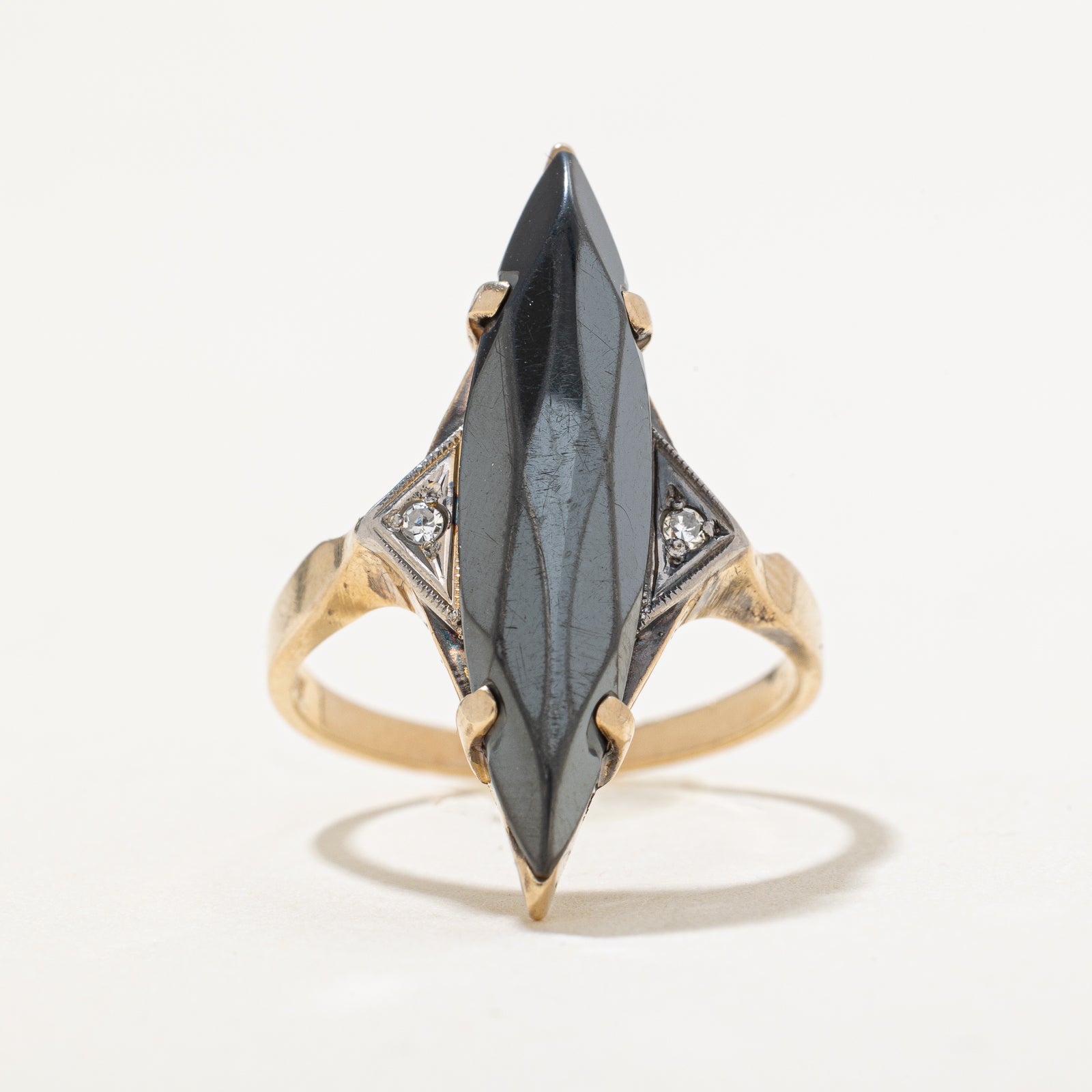 Hematite & Diamond Navette Ring | 6.00ct | 0.02ctw | SZ 6.25