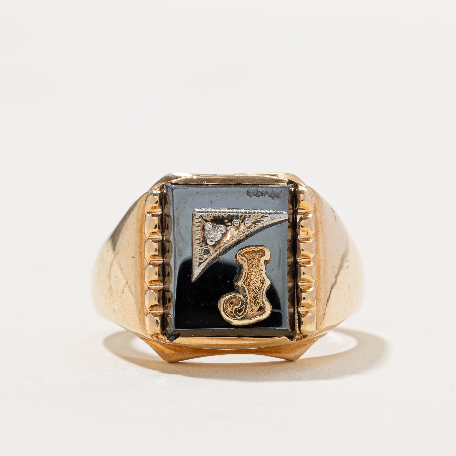 Hematite & Diamond 'J' Initial Signet Ring | 5.00ctw | 0.01ct | SZ 9