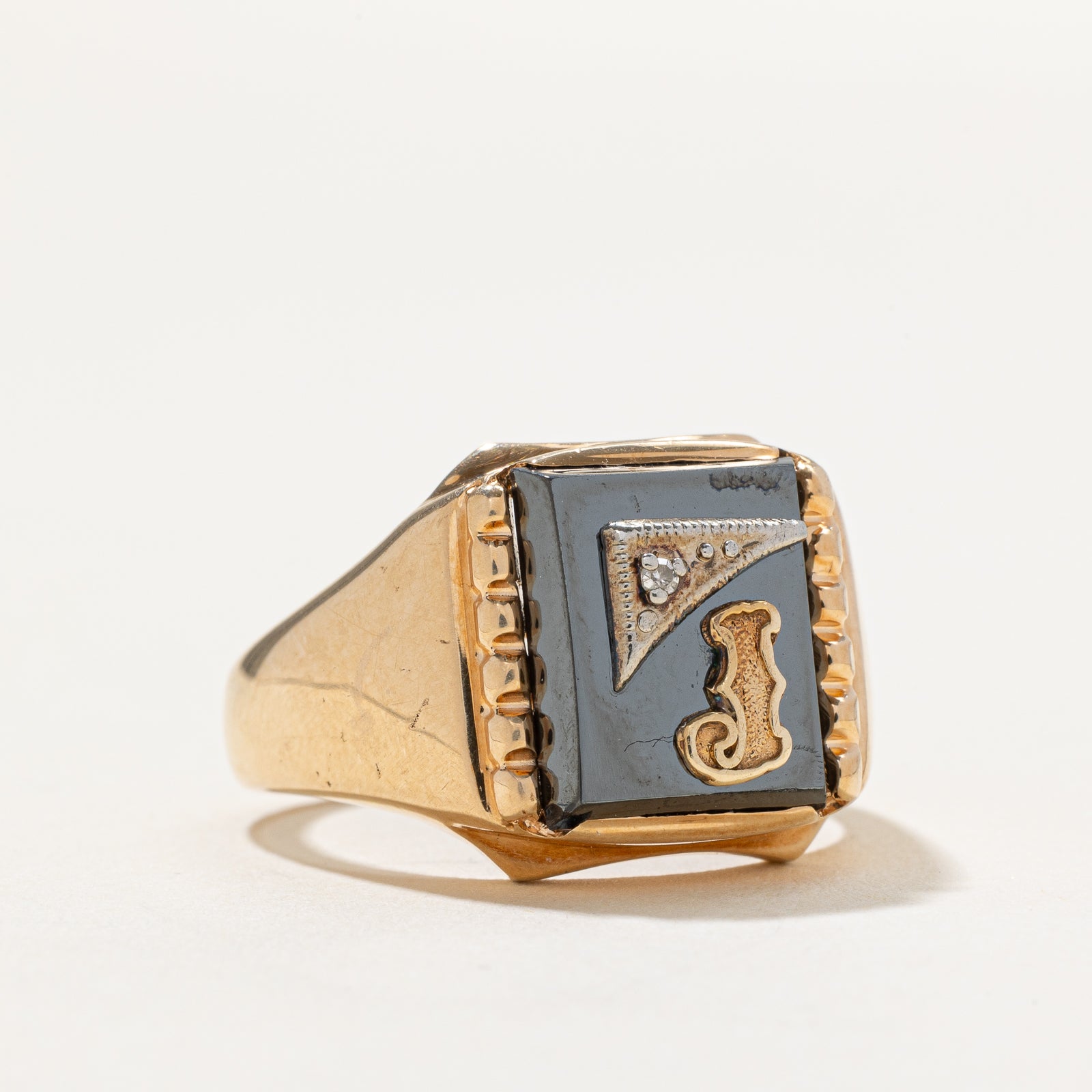 Hematite & Diamond 'J' Initial Signet Ring | 5.00ctw | 0.01ct | SZ 9