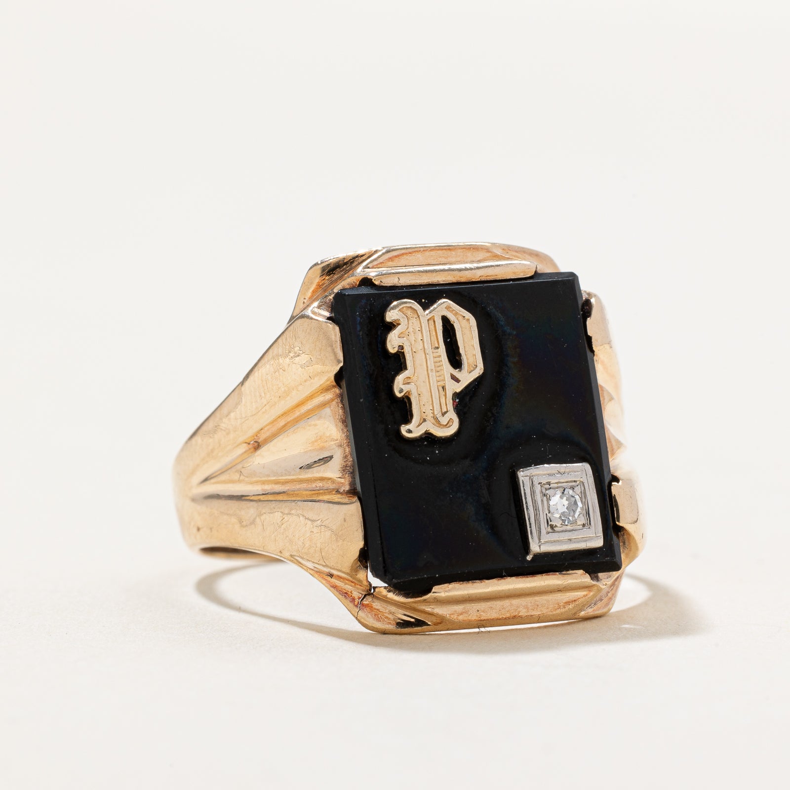Onyx & Diamond 'P' Initial Signet Ring | 6.00ct | 0.02ct | SZ 9.75