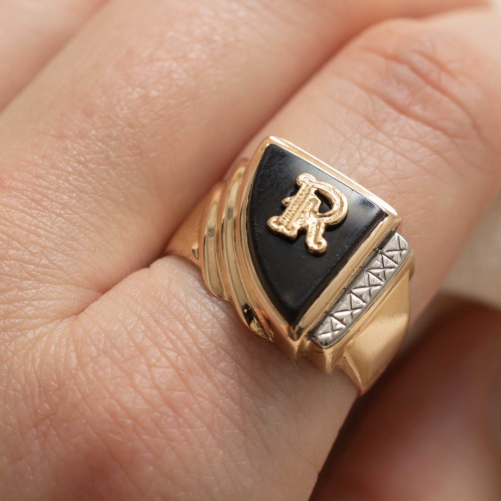 Onyx 'R' Initial Signet Ring | 3.50ct | SZ 8.5