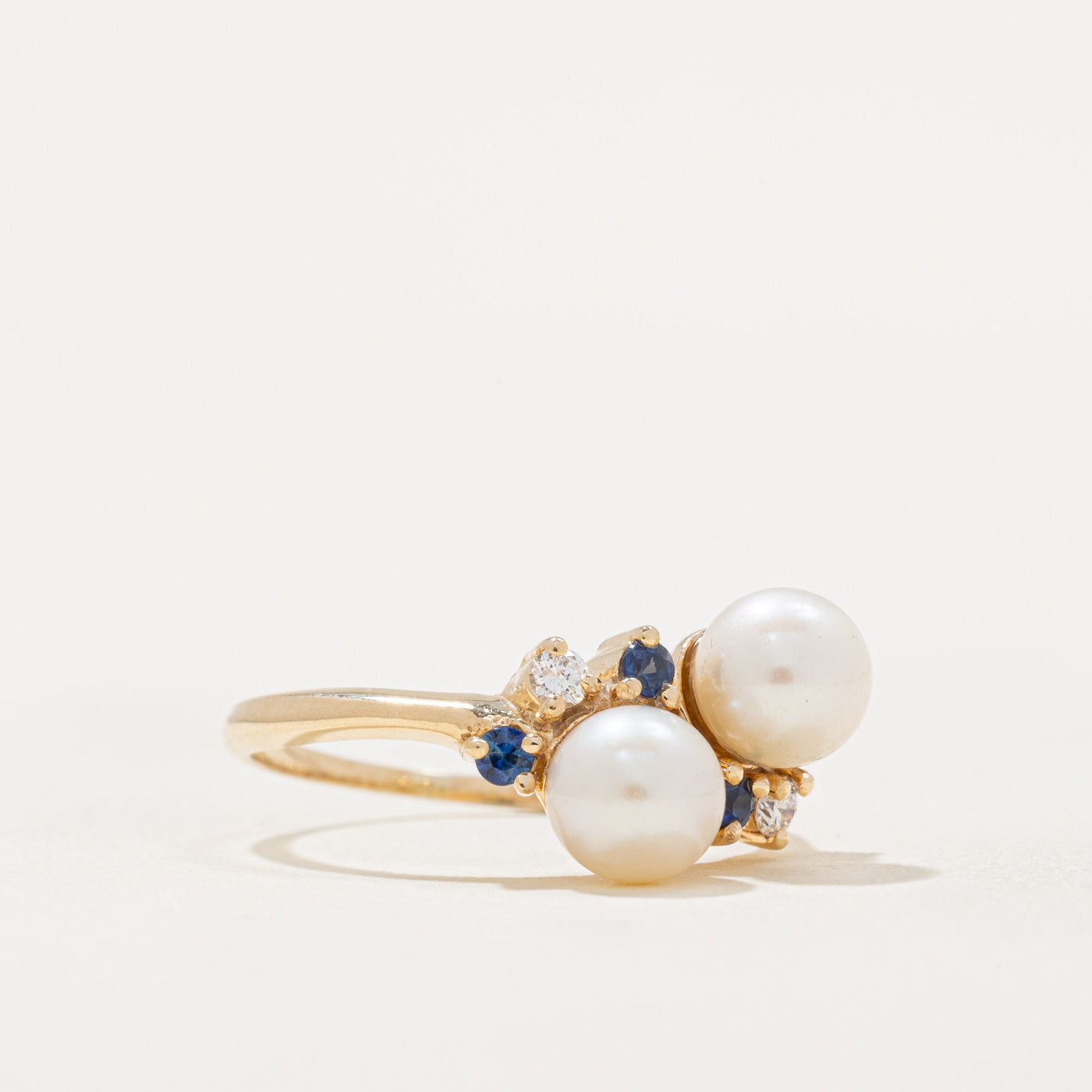 Pearl, Sapphire & Diamond Wave Ring | 0.18ctw | SZ 8 |