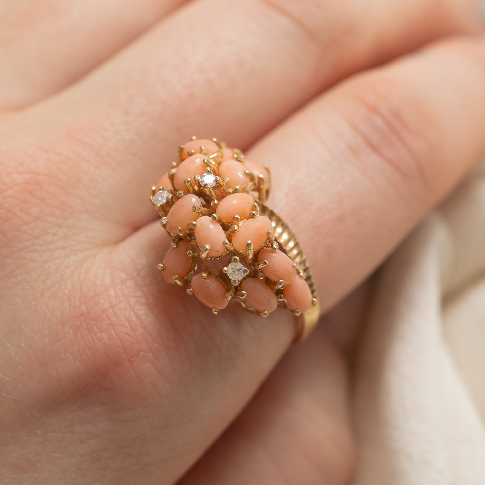 Scattered Coral & Diamond Cocktail Ring | 2.25ctw, 0.08ctw | SZ 8.75