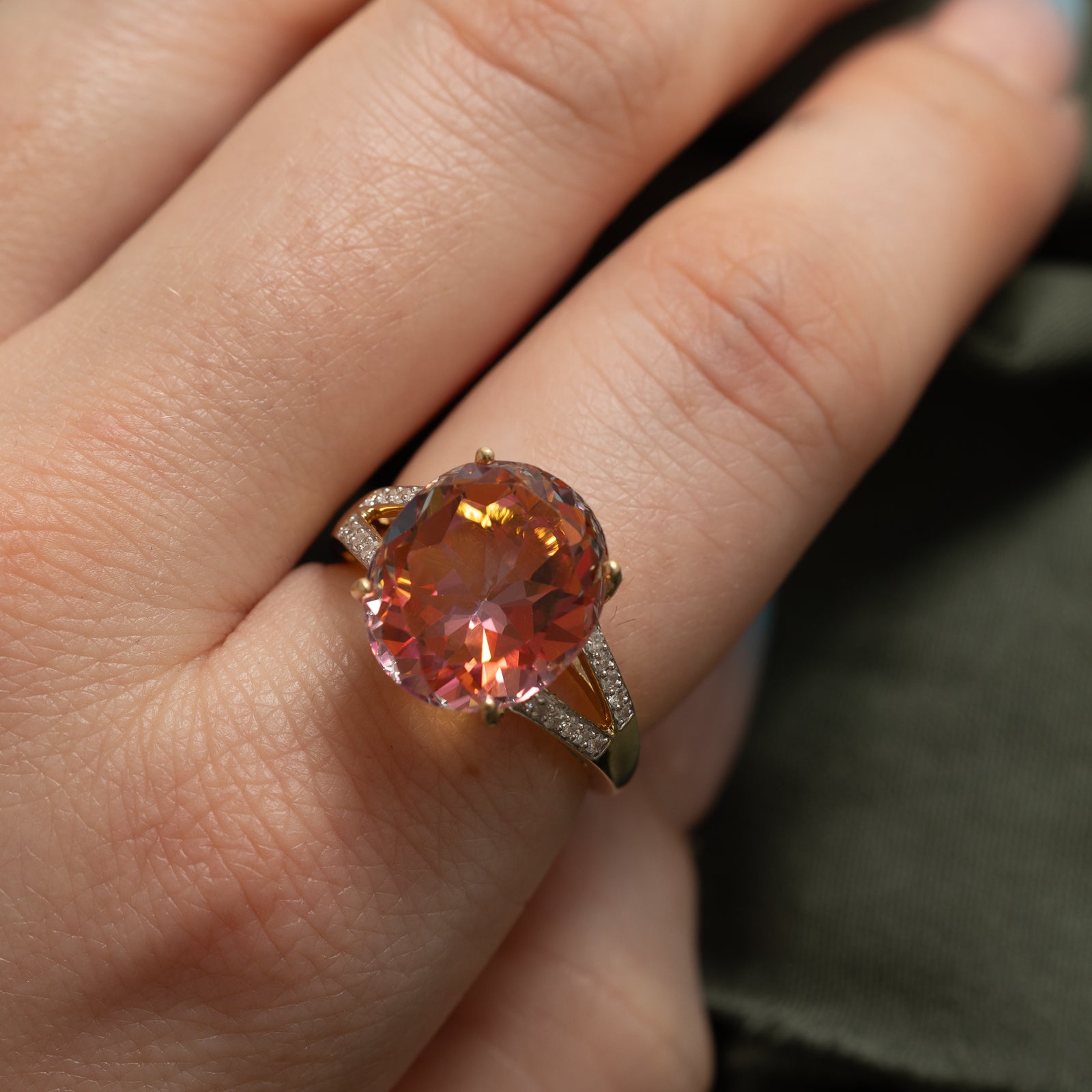 Peach Mystic Topaz & Diamond Cocktail Ring | 10.50ct, 0.18ctw | SZ 7