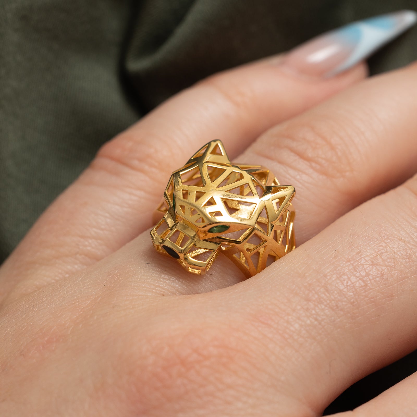 Bague tête de panthère œil d'émeraude | 0,04 ct | Taille 6,75
