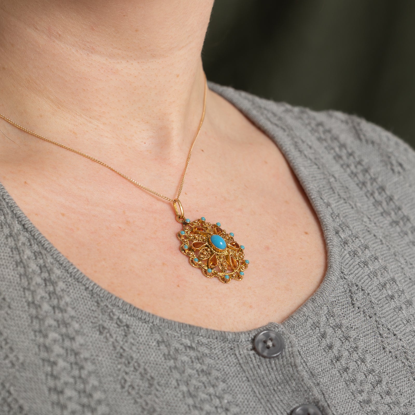 Vintage Portuguese Blue & Orange Paste Glass Ornate Pendant | 6.00ctw