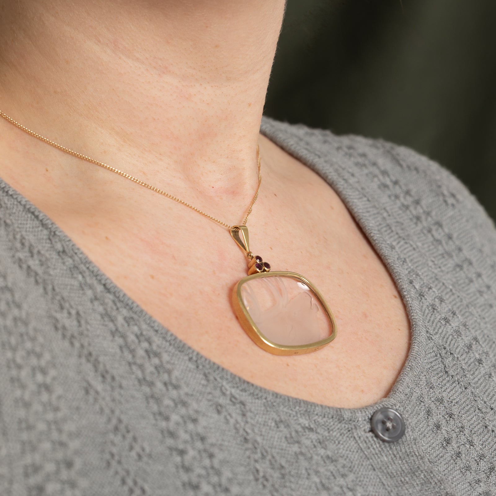 Carved Buck Intaglio Quartz & Ruby Pendant | 52.00ct, 0.36ctw