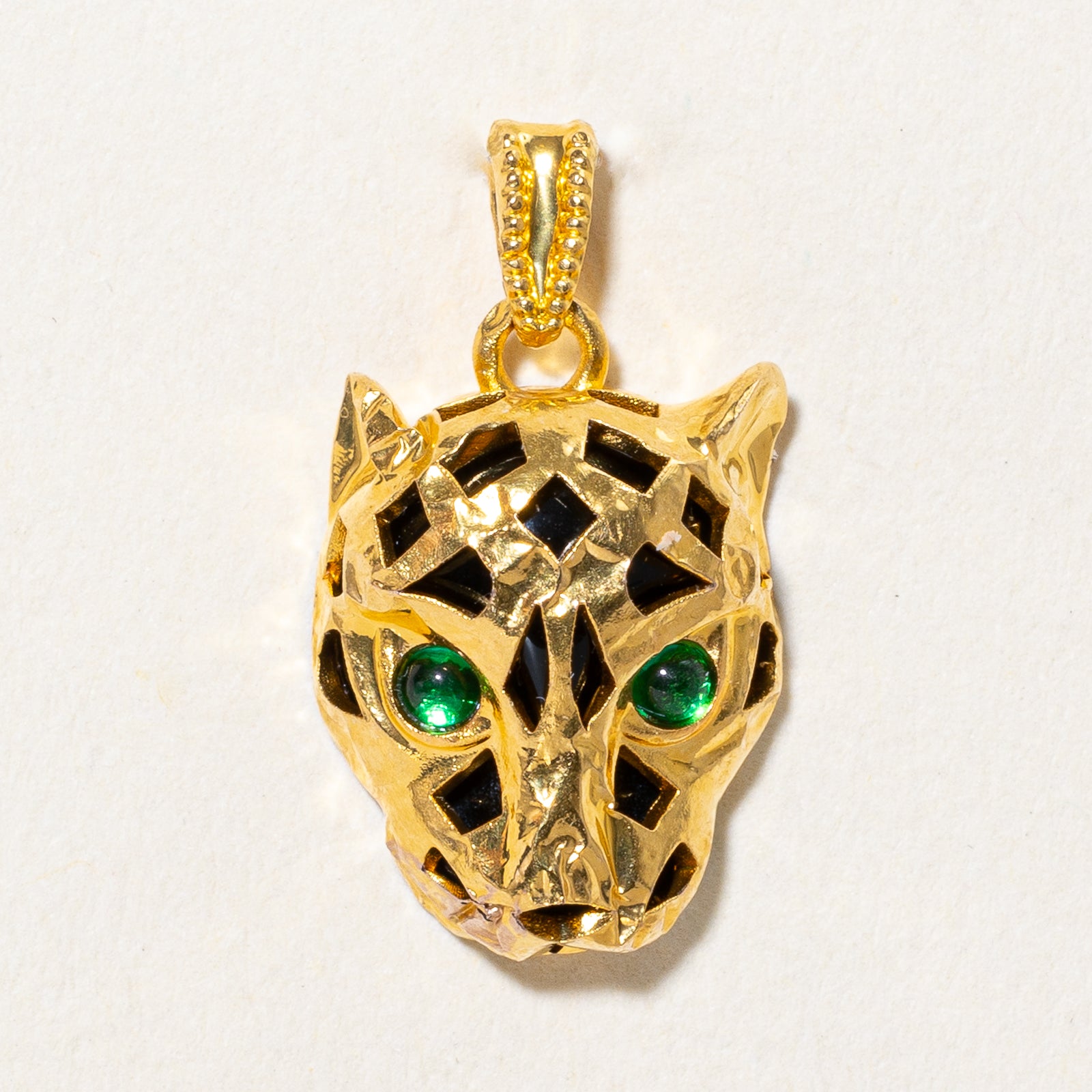 Onyx & Green Paste Glass Panther Head Pendant | 2.30ctw, 0.10ctw
