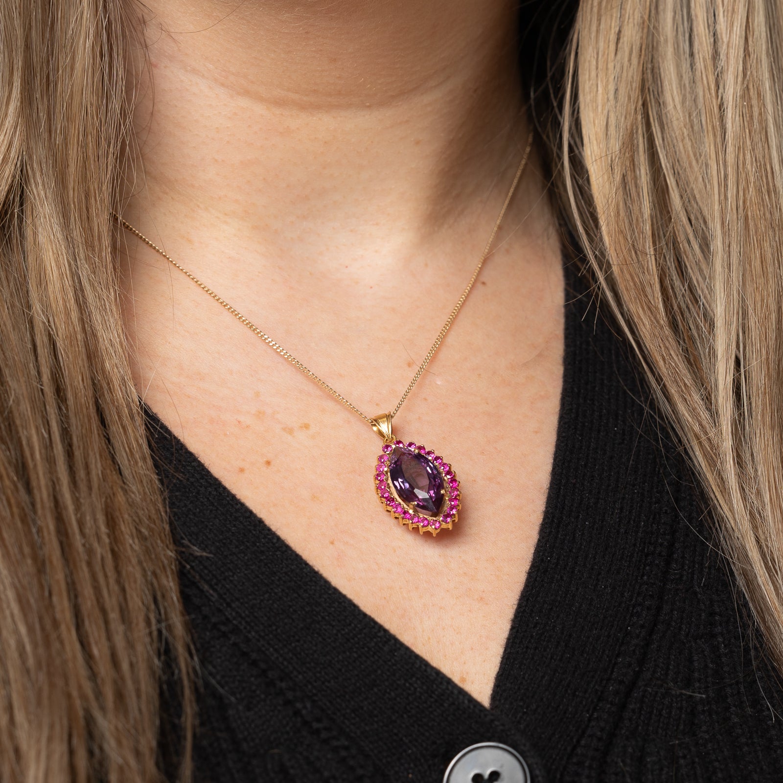 Colour Change Synthetic Purple Sapphire & Synthetic Ruby Halo Pendant | 7.50ct, 0.48ctw |