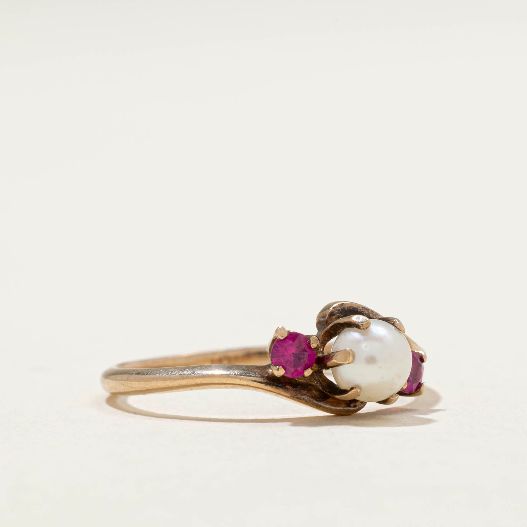Pearl & Synthetic Ruby Bypass Ring | 0.10ctw | SZ 7