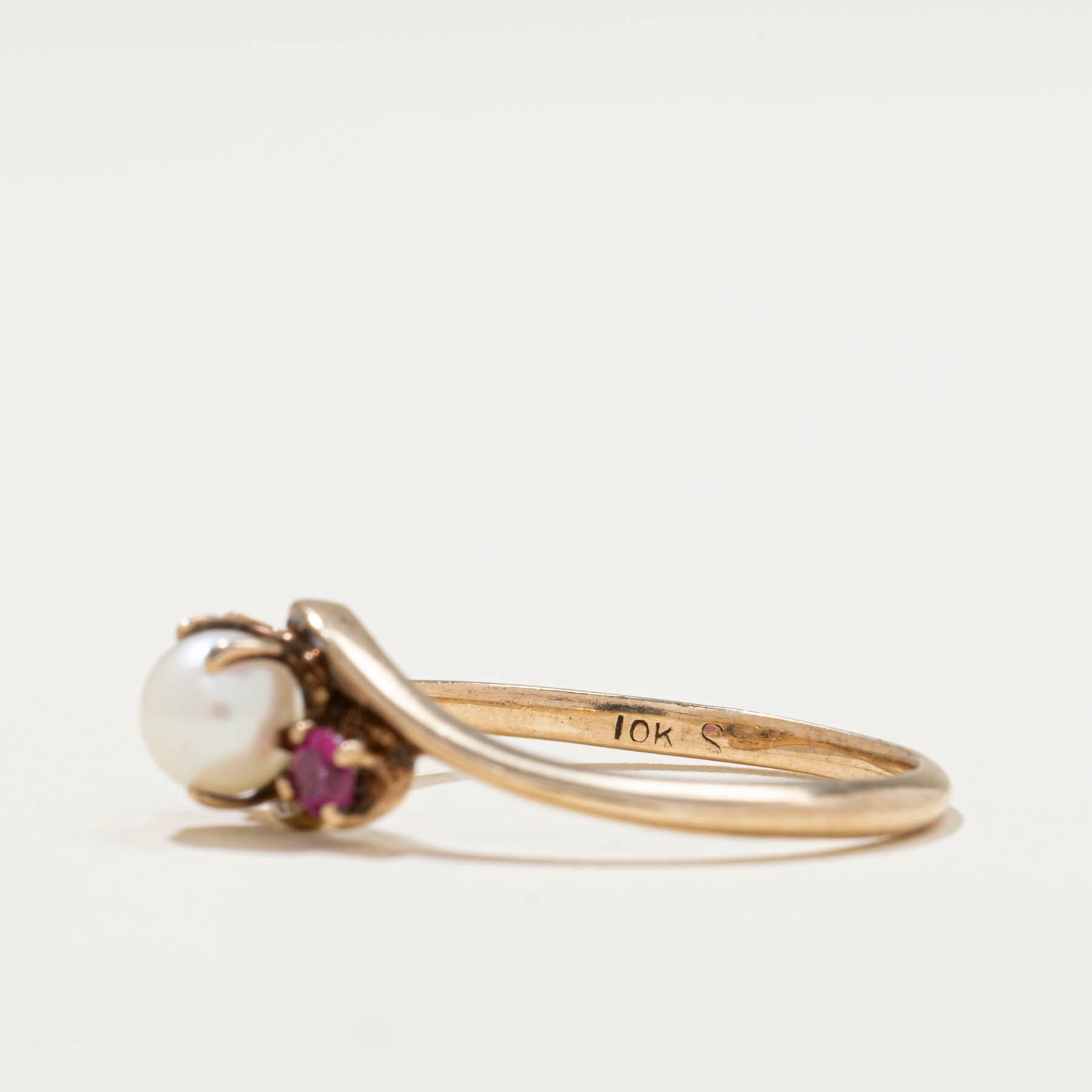 Pearl & Synthetic Ruby Bypass Ring | 0.10ctw | SZ 7