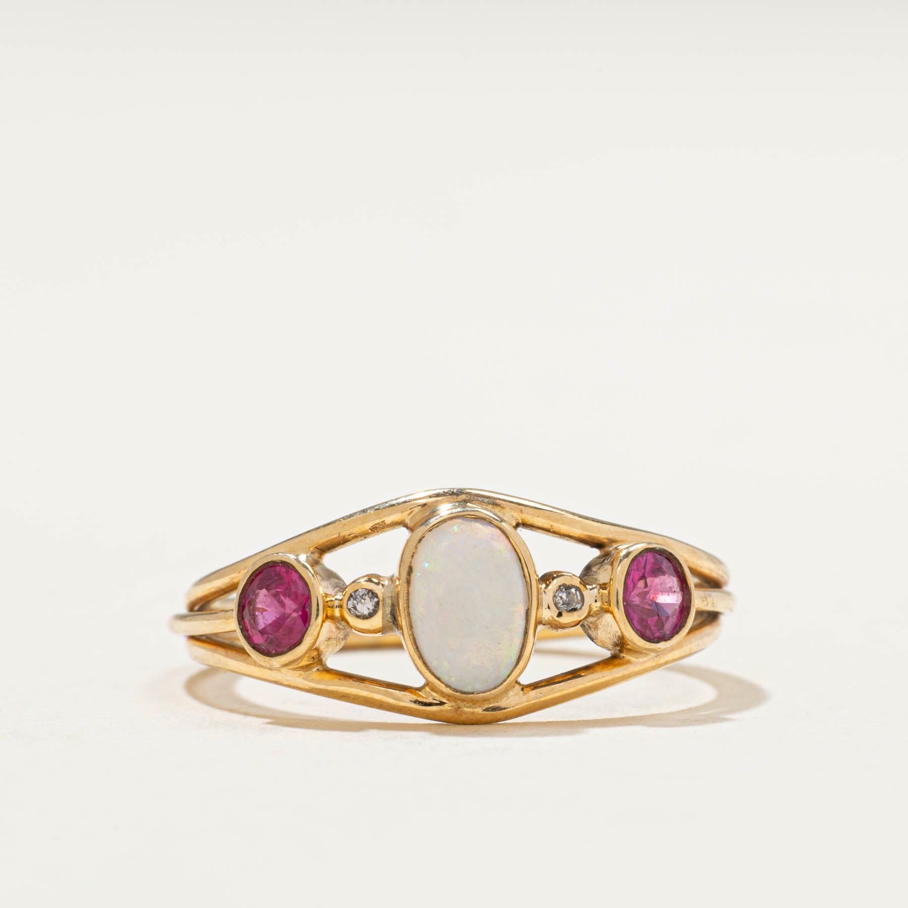 Bezel Set Opal & Synthetic Ruby Open Ring | 0.75ctw | 0.008ctw | SZ 6.75