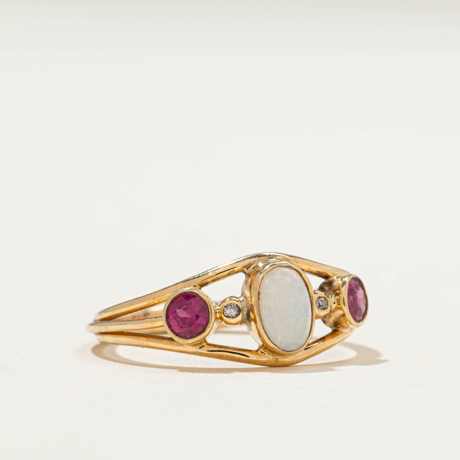 Bezel Set Opal & Synthetic Ruby Open Ring | 0.75ctw | 0.008ctw | SZ 6.75