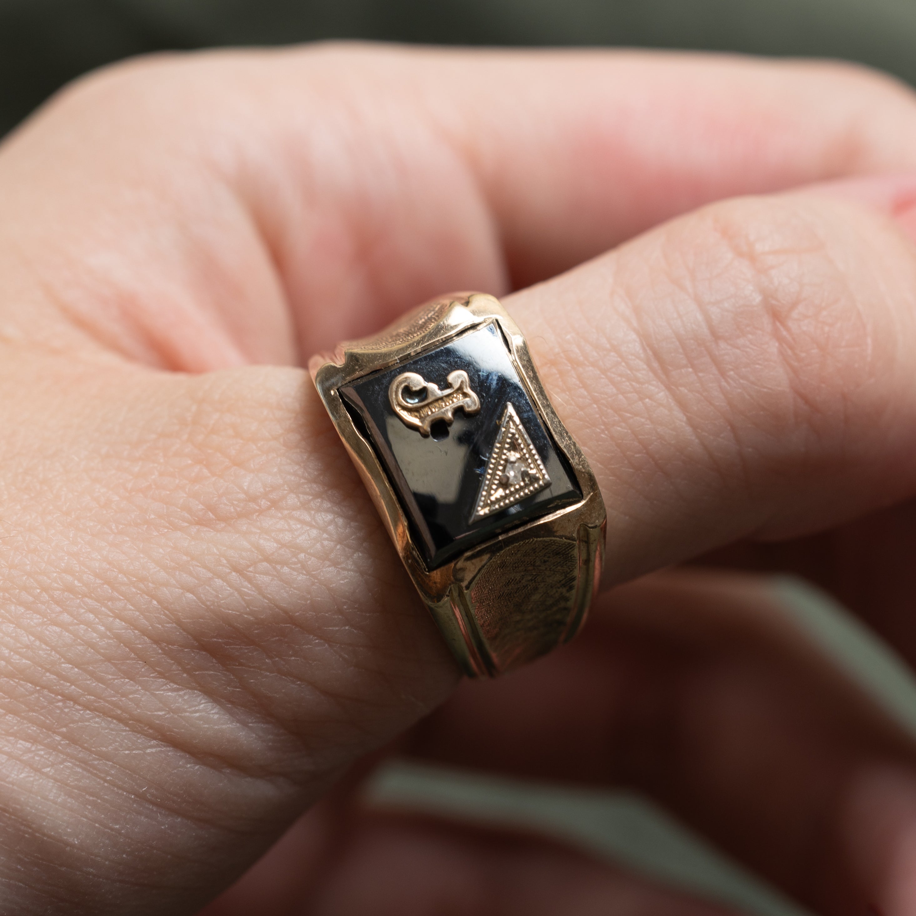 Hematite & Diamond "J" Initial Textured Signet Ring | 4.34ct, 0.005ct | SZ 9.5