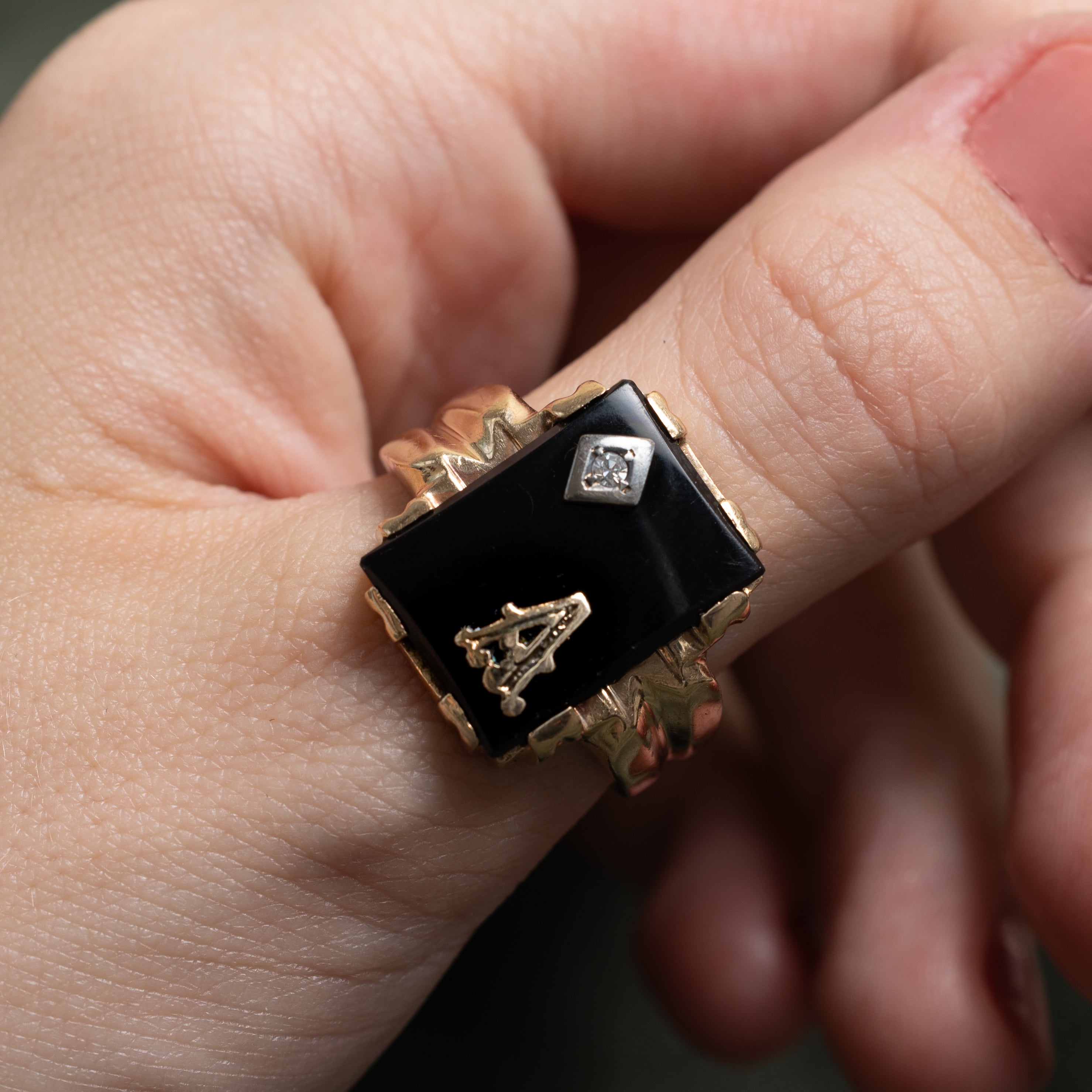 Onyx & Diamond "A" Initial Grooved Ring | 5.88ct, 0.02ct | SZ 9