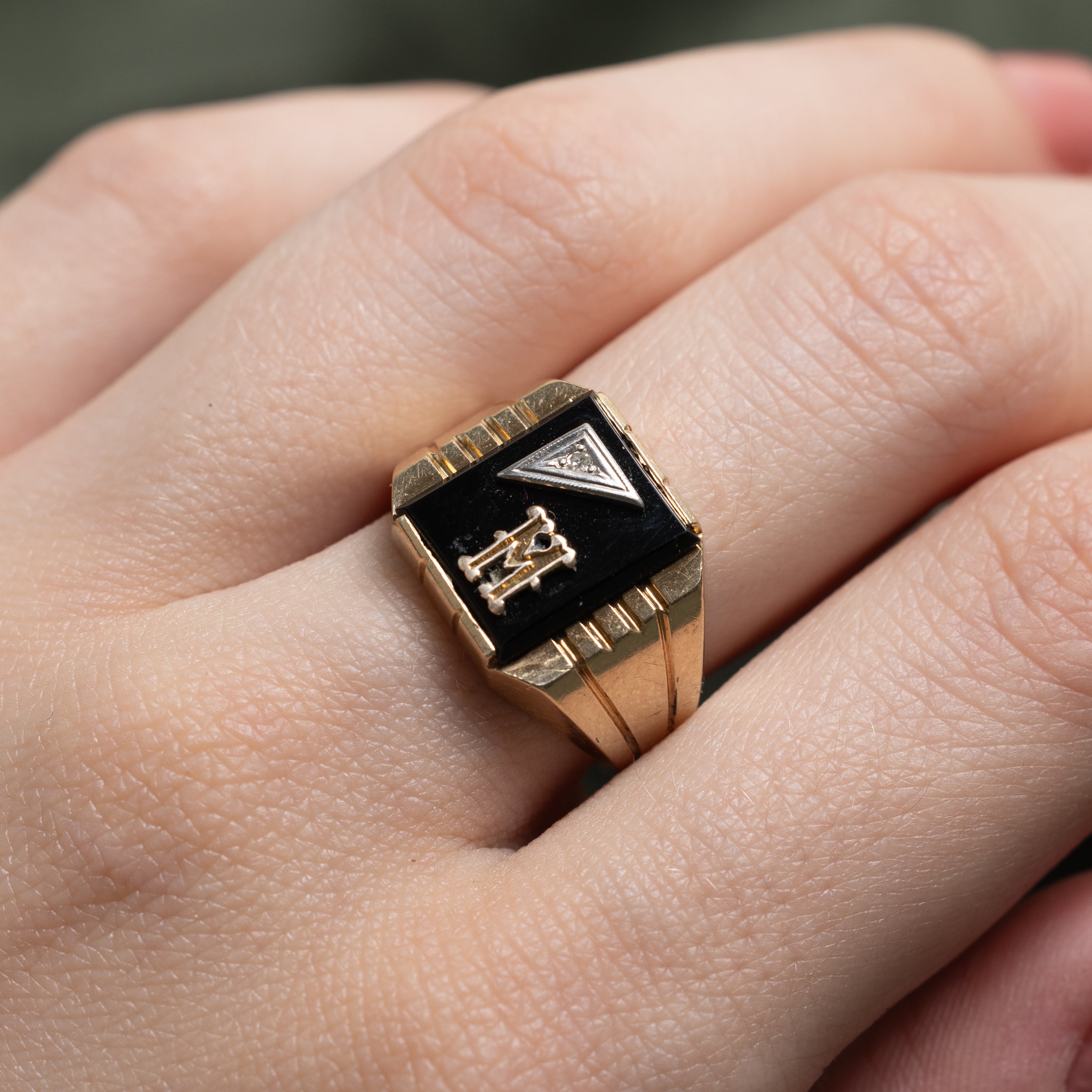 Onyx & Diamond "M" Initial Grooved Signet Ring | 2.30ct, 0.002ct | SZ 7