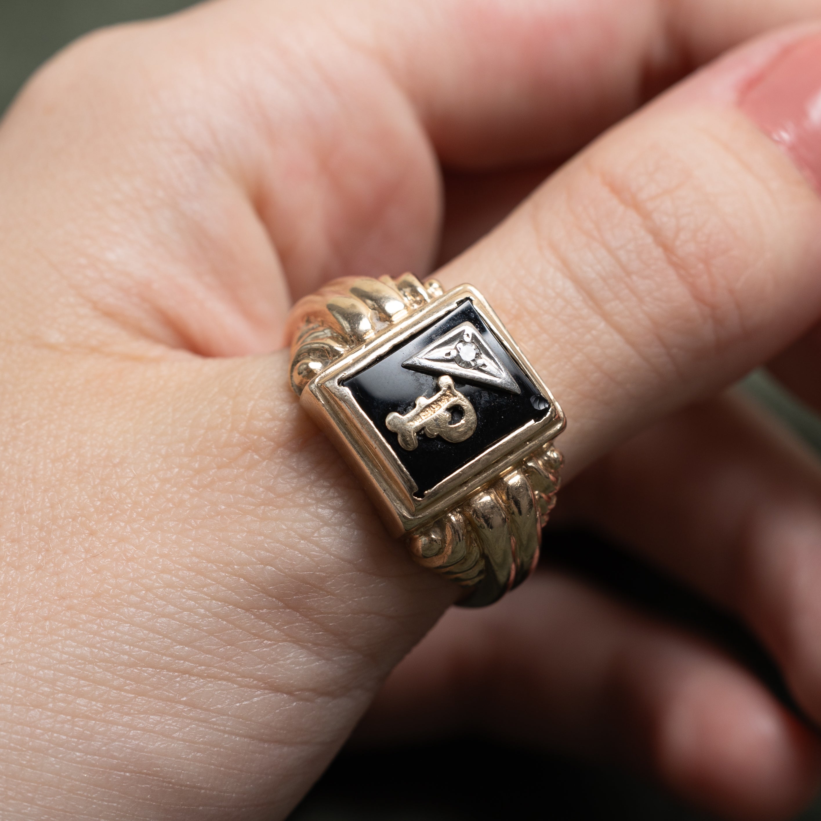 Onyx & Diamond "P" Initial Grooved Signet Ring | 2.40ct, 0.02ct | SZ 12