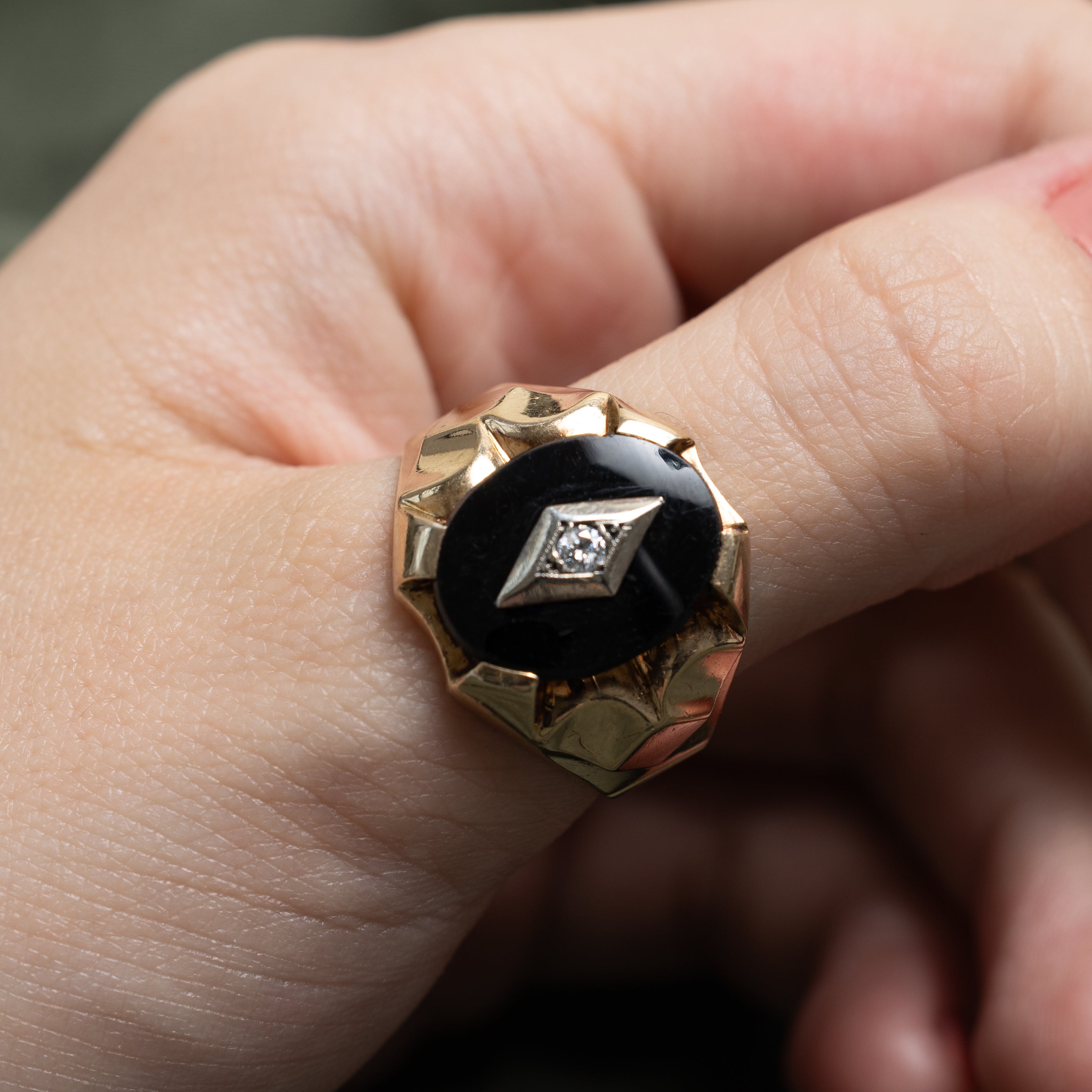 Onyx & Diamond Embossed Ring | 3.25ct, 0.06ct | SZ 11