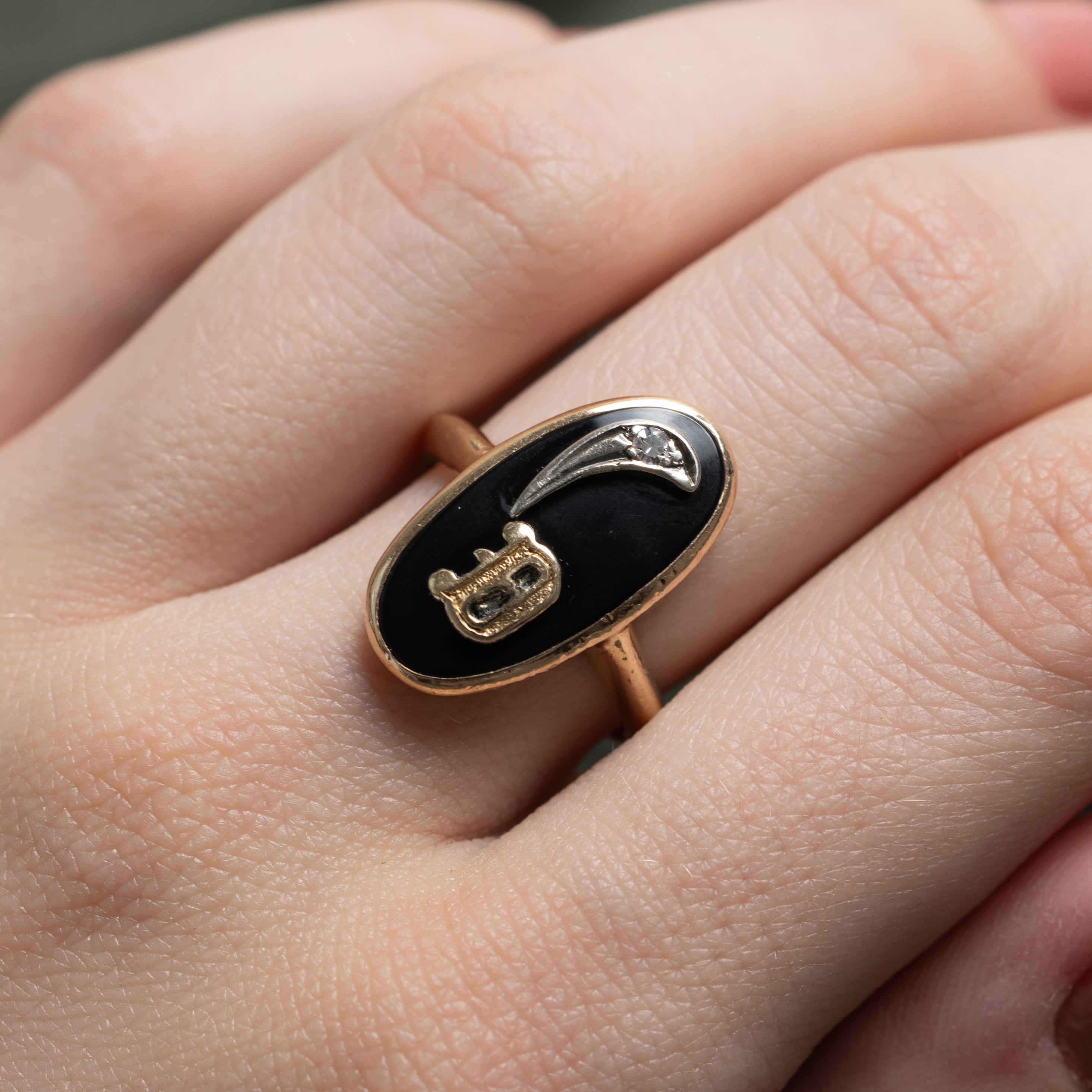 Bezel Set Onyx & Diamond "D" Initial Ring | 4.29ct, 0.02ct | SZ 7