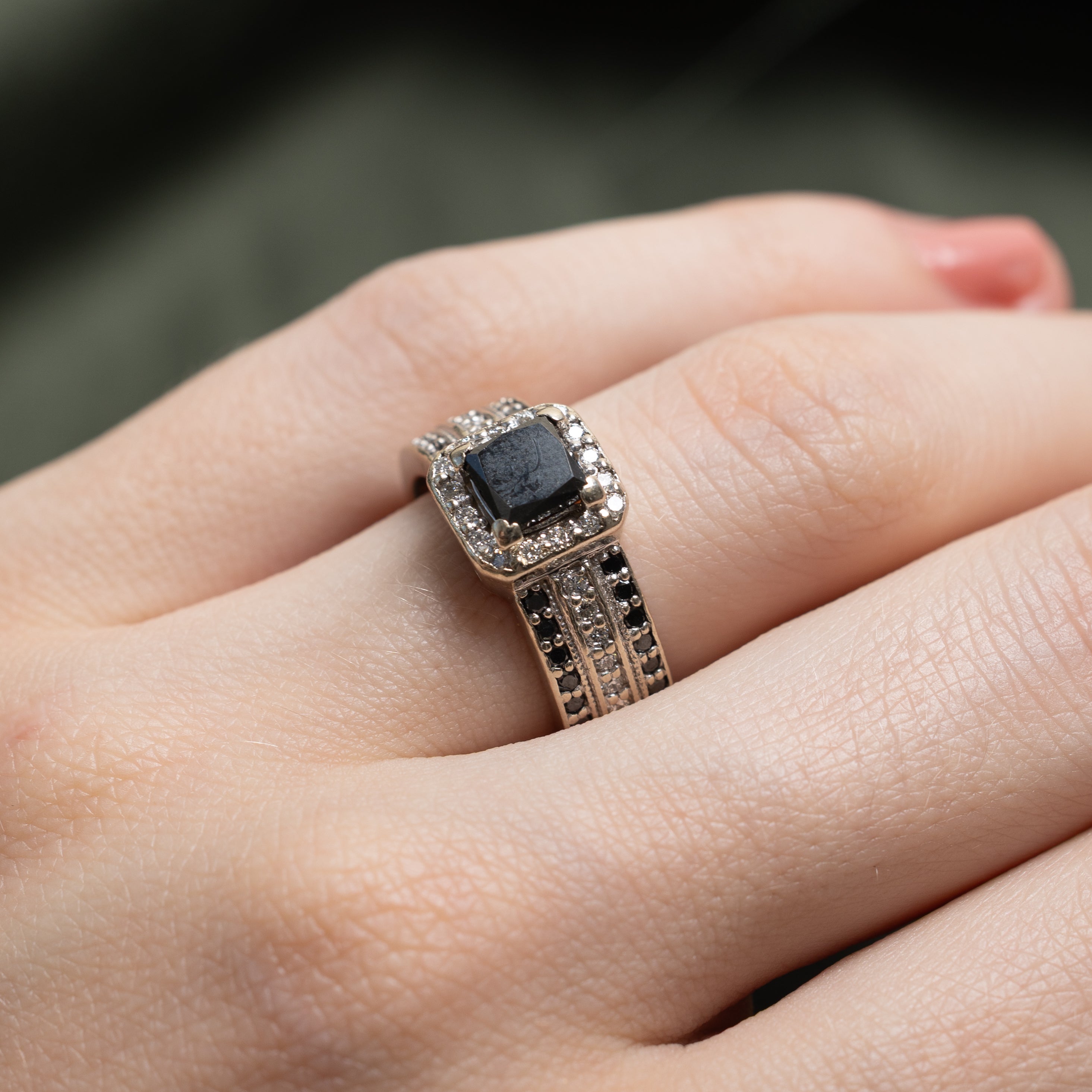 Princess Cut Black & White Diamond Halo Ring | 1.23ctw | SZ 5.5