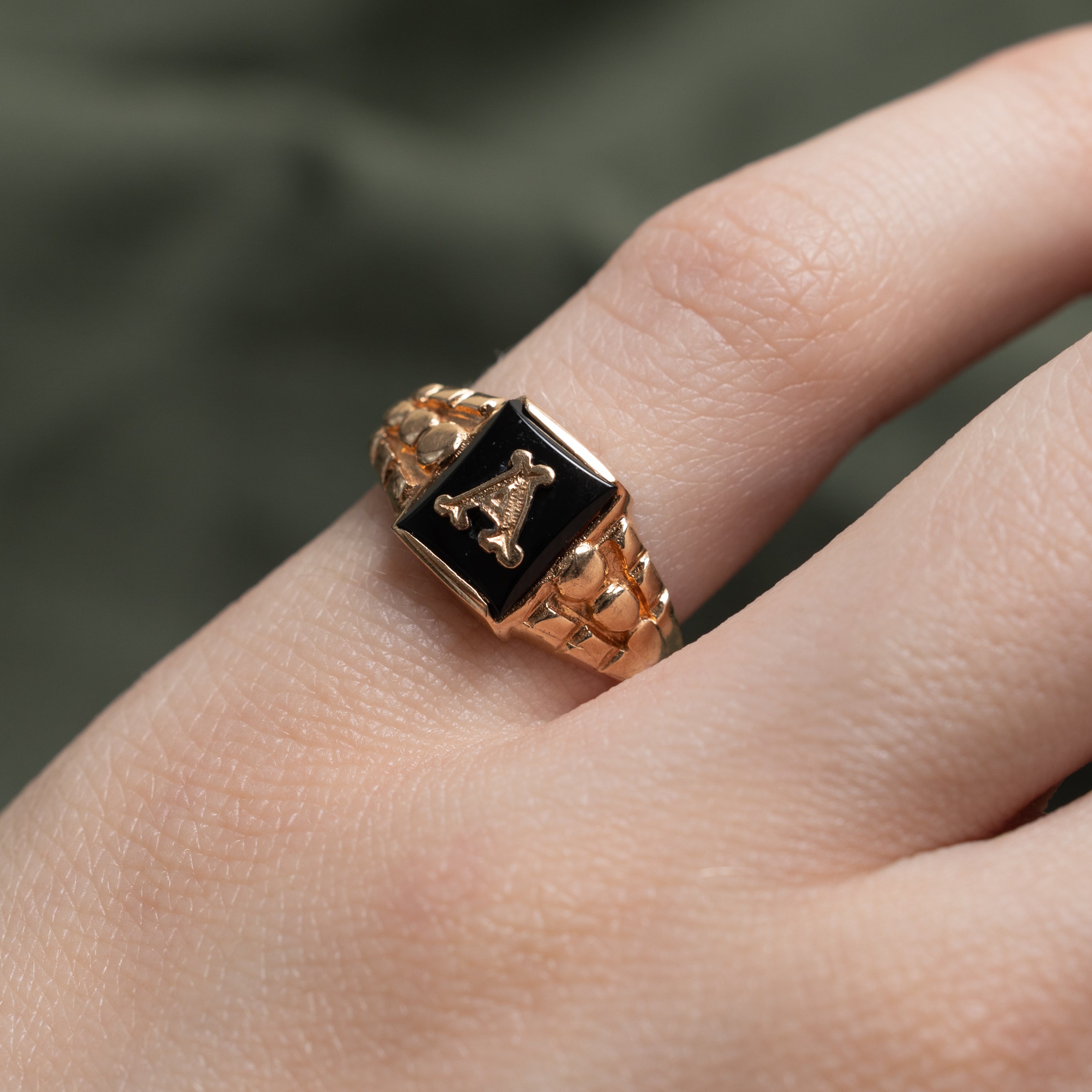 Onyx "A" Initial Textured Ring | 0.78ct | SZ 4