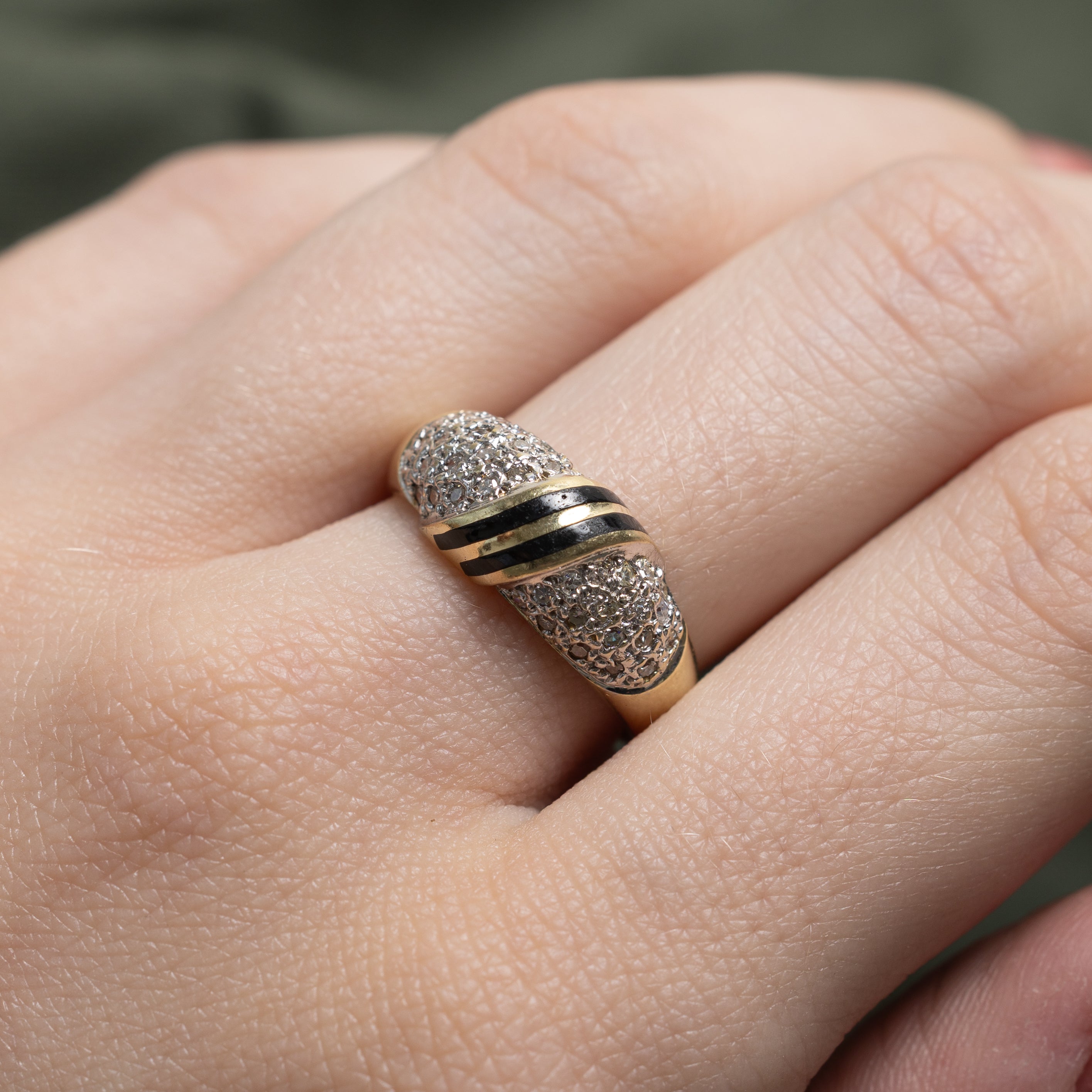 Pave Set Diamond Diagonal Enamel Dome Ring | 0.18ctw | SZ 7.5