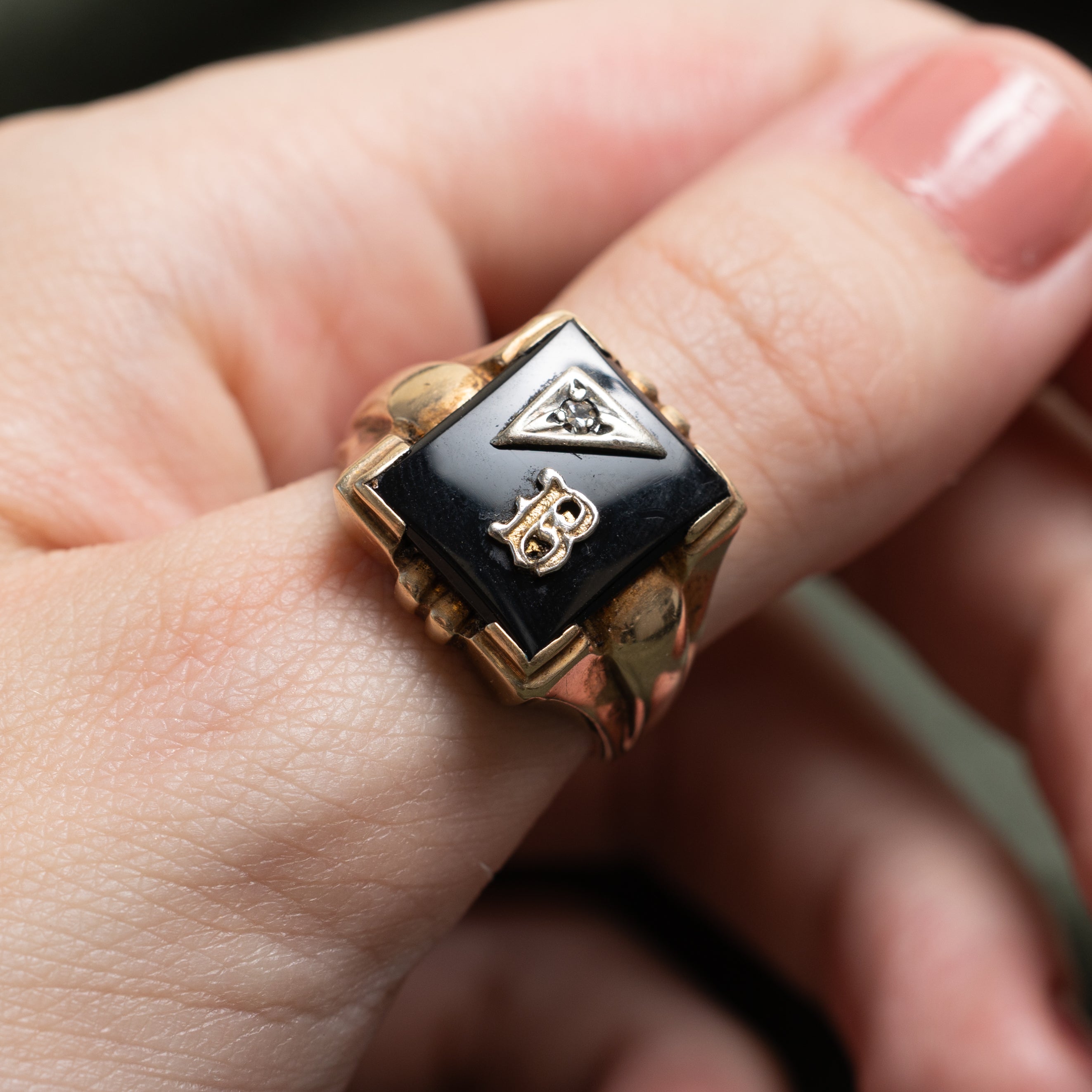 Cabochon Onyx & Diamond "B" Initial Signet Ring | 3.06ct, 0.03ct | SZ 8.5