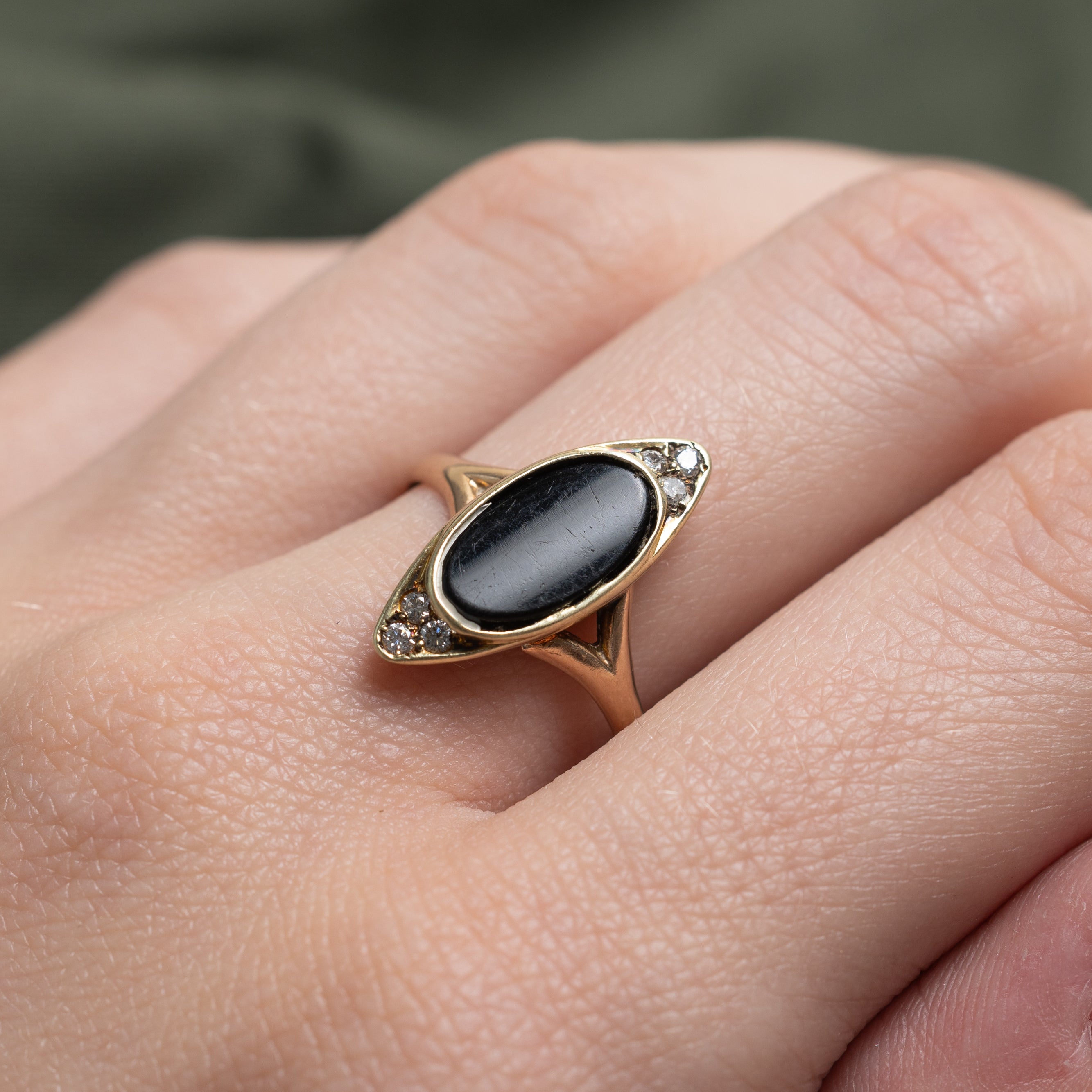 Oval Onyx & Diamond Cluster Navette Ring | 1.16ct, 0.05ctw | SZ 8.5