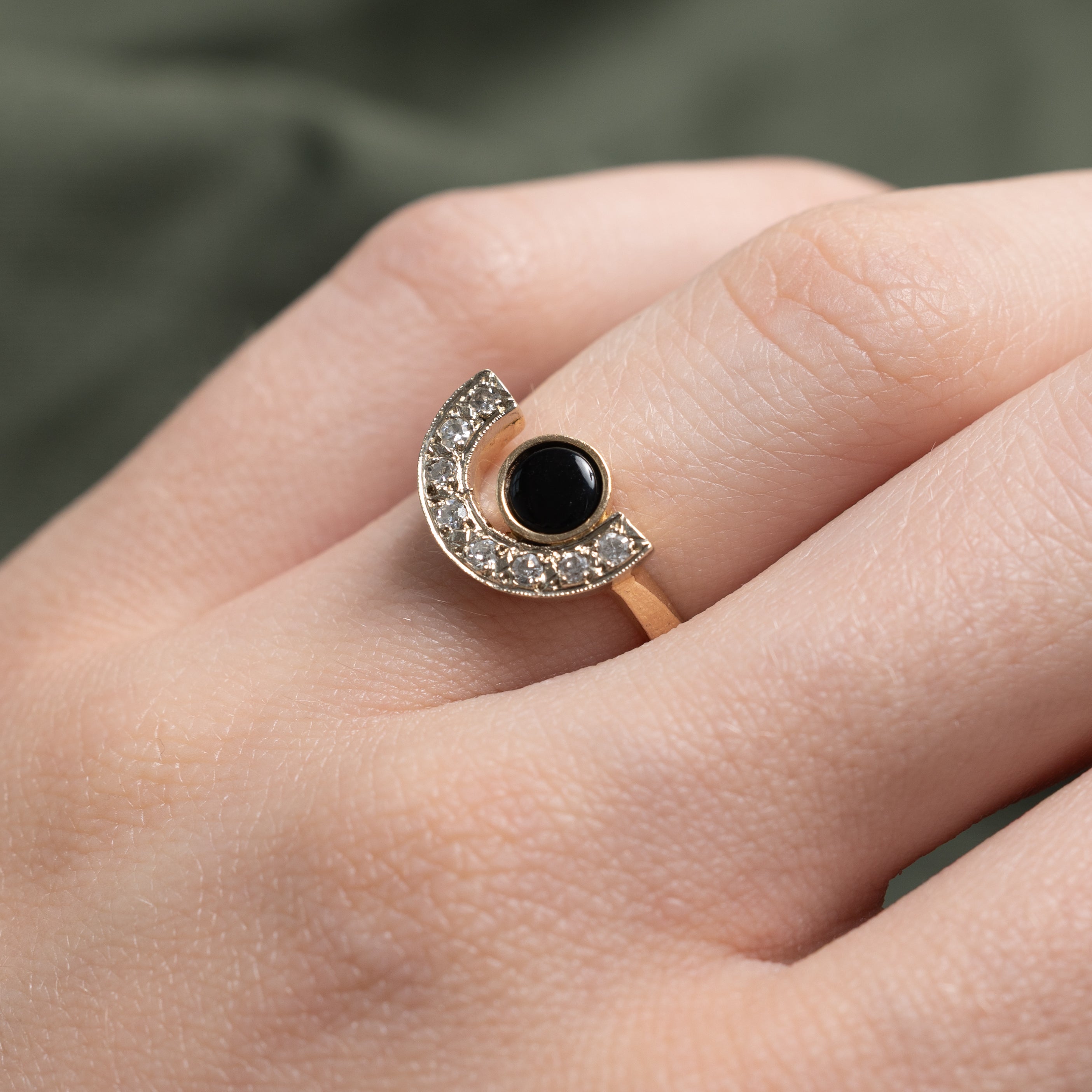 Cabochon Onyx & Diamond Semi Circle Ring | 0.15ct, 0.12ctw | SZ 5