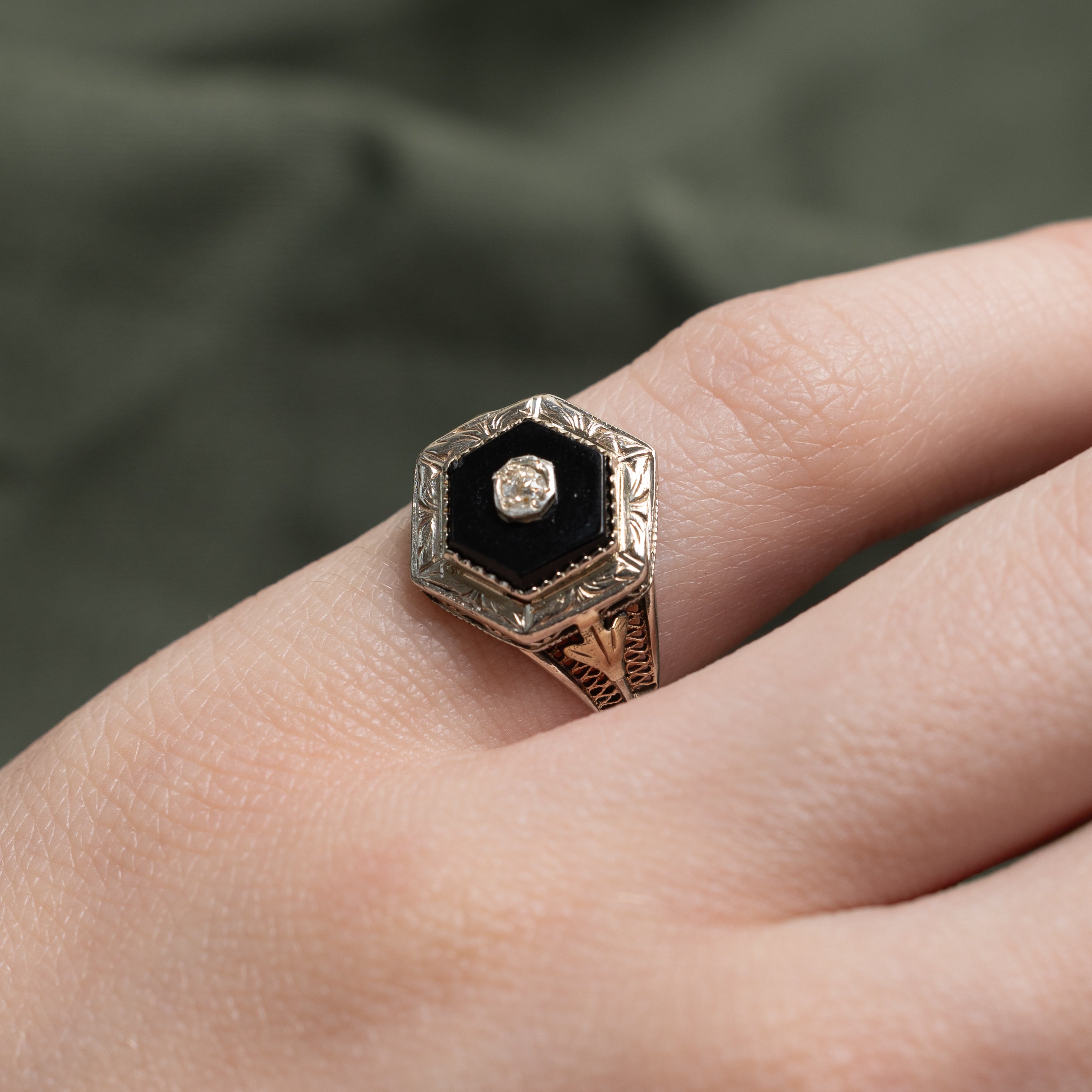 Onyx & Diamond Ornate Engraved Ring | 0.60ct, 0.02ct | SZ 3.5