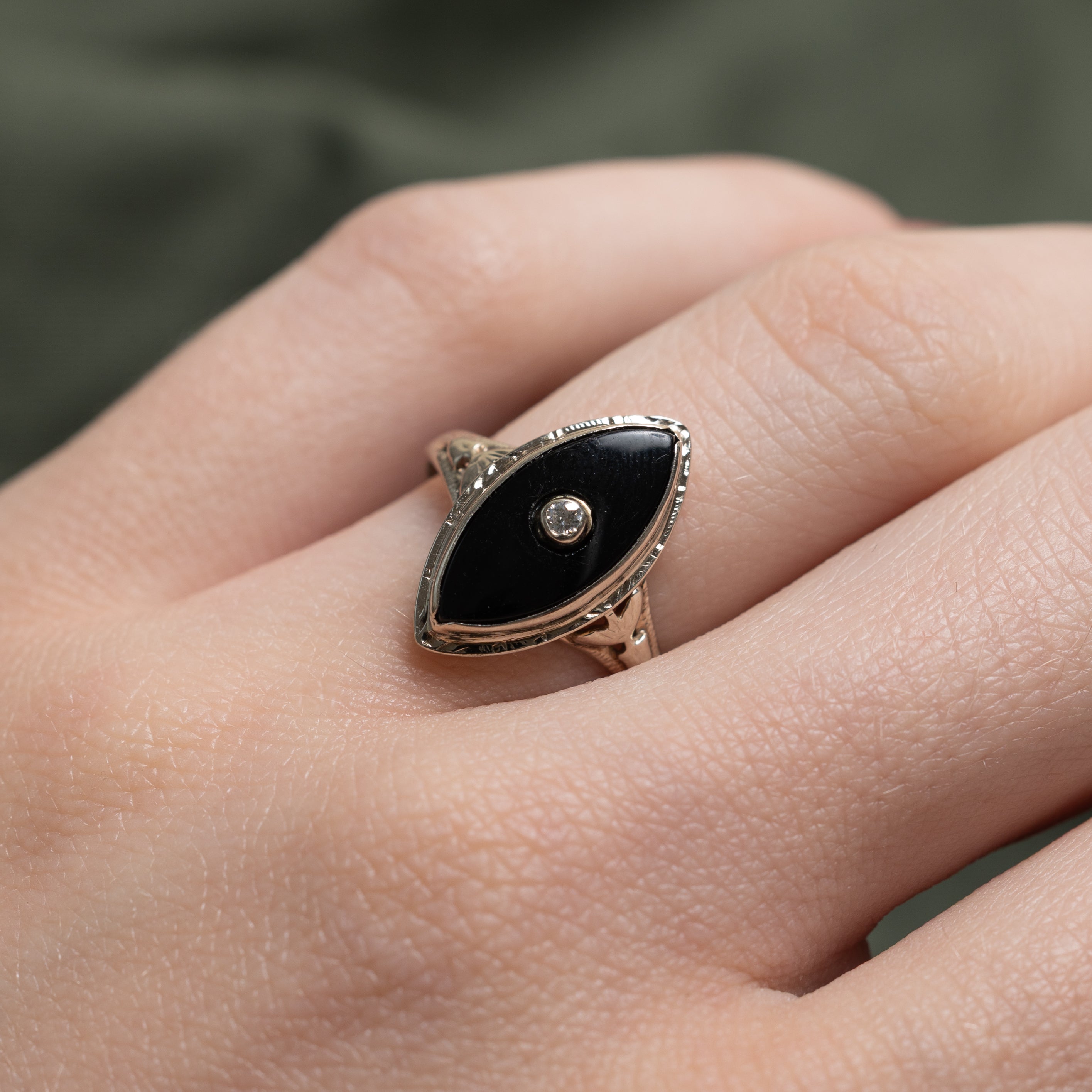 Vintage Onyx & Diamond Navette Ring | 2.05ct, 0.02ct | SZ 5.25