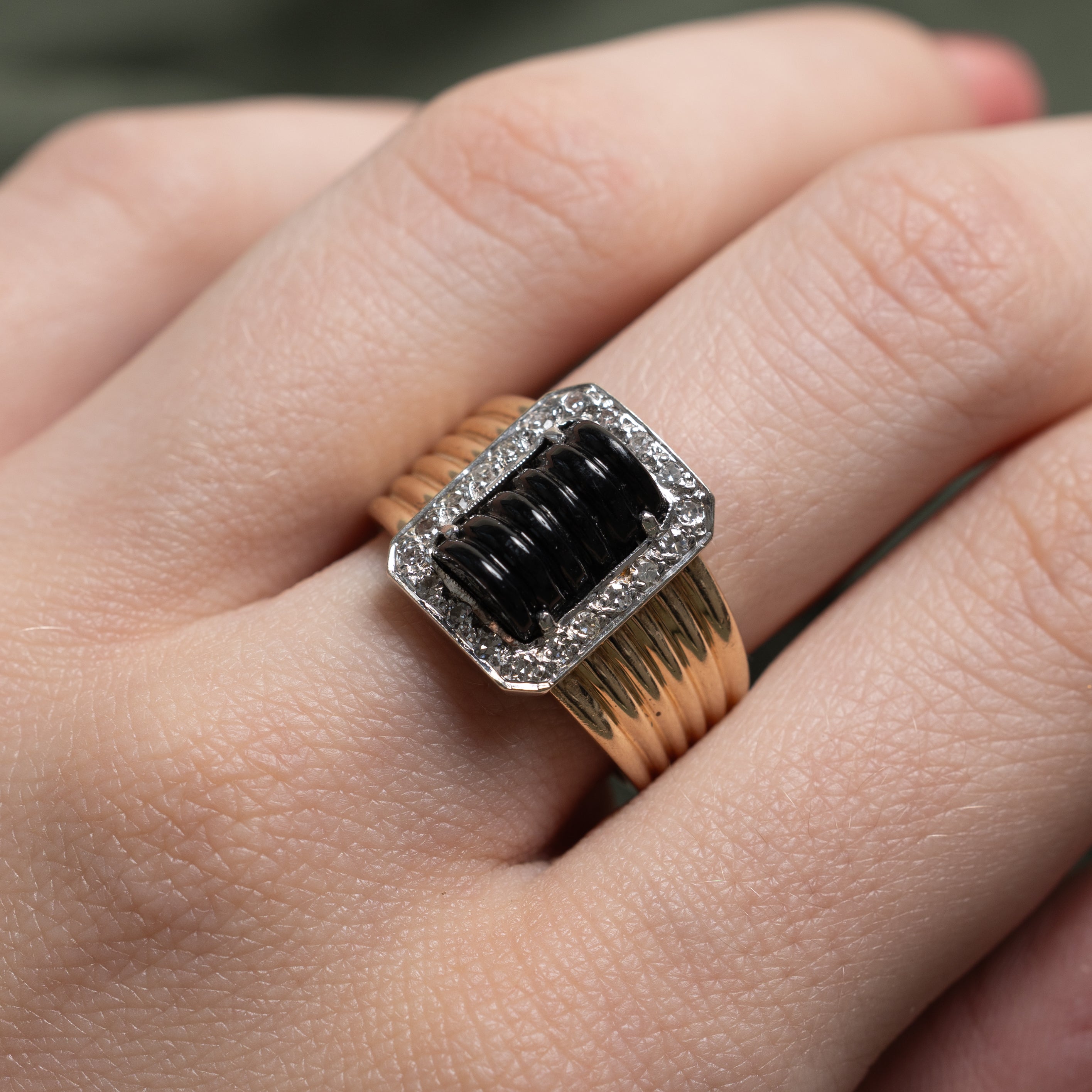 Onyx & Diamond Halo Grooved Ring | 2.01ct, 0.20ctw | SZ 7.25