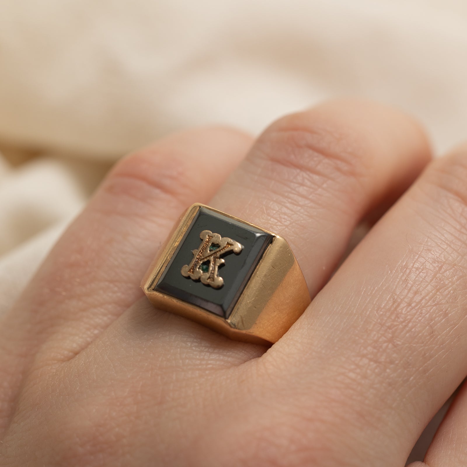 14K Hematite 'K' Initial Signet Ring | 3.00ct | SZ 7