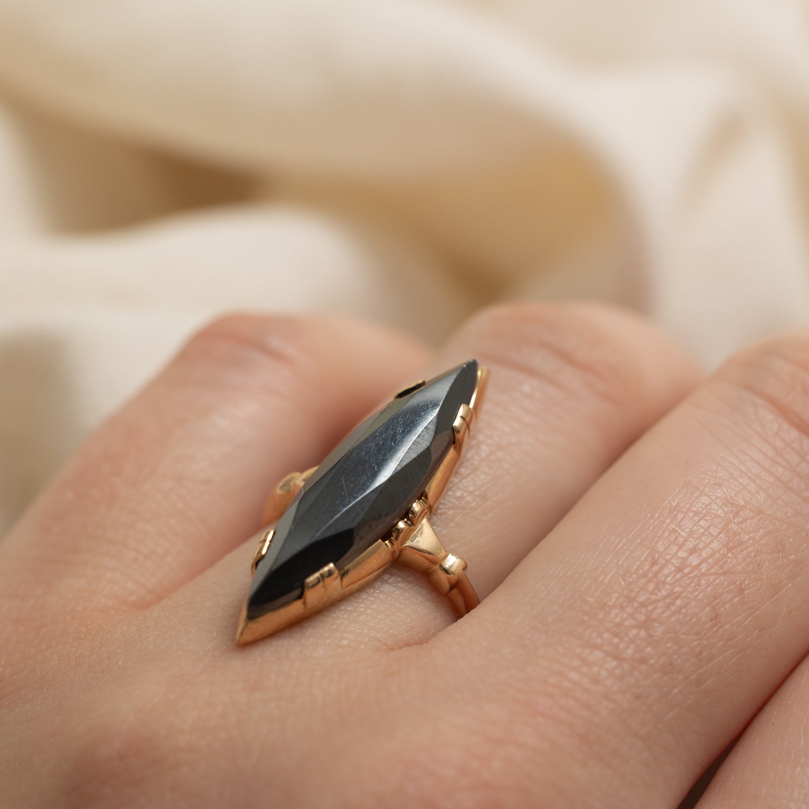 10K Hematite Navette Ring | 4.90ct | SZ 6.75